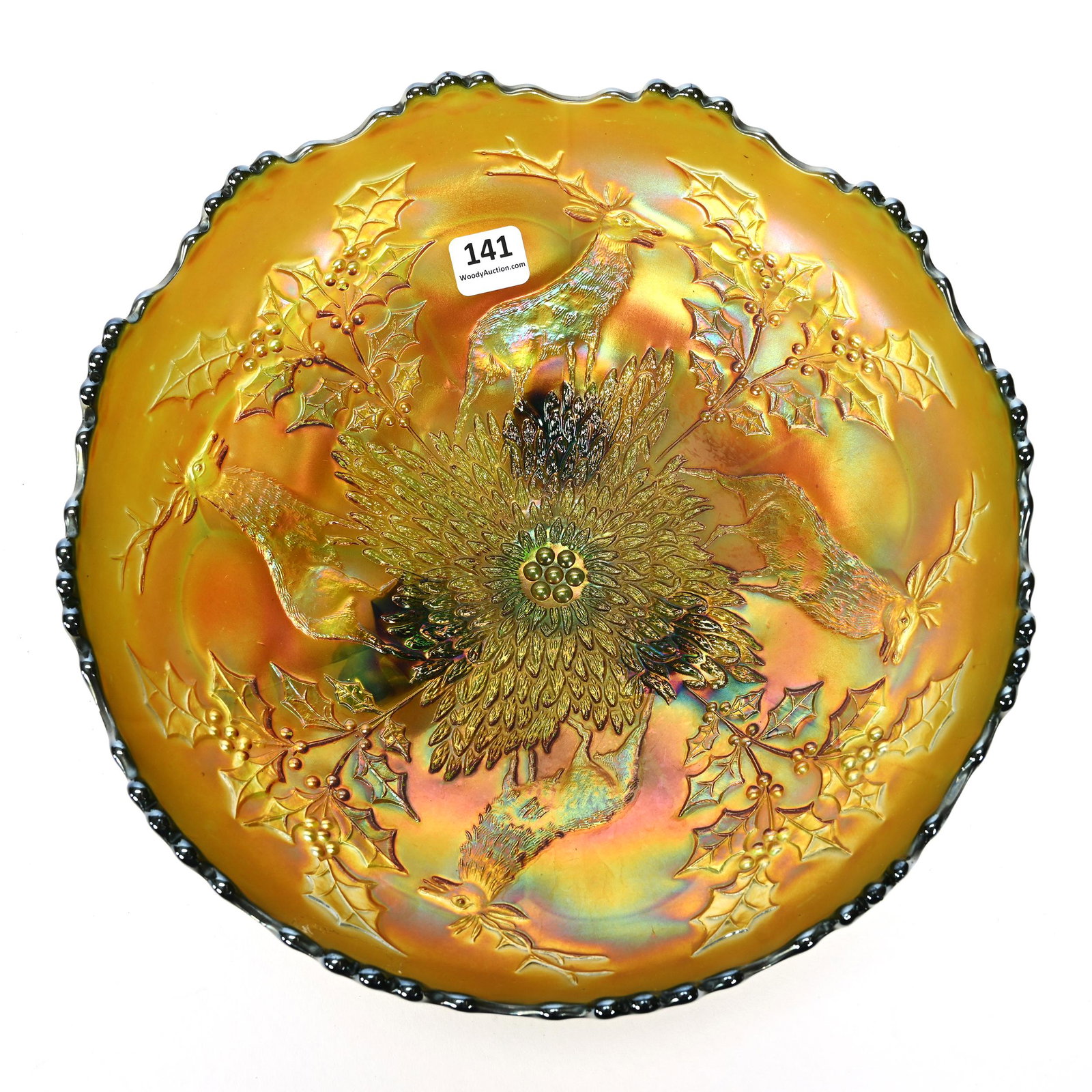 Bowl, Carnival Glass, Stag And Holly, Green: Bowl, Carnival Glass, Stag And Holly, Green, 9.75", By Fenton, Footed, Round, Merle Richardson Collection.