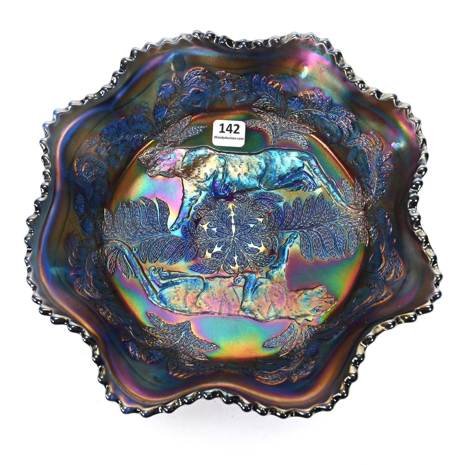 Bowl, Carnival Glass, Panther, Blue (1 of 2)