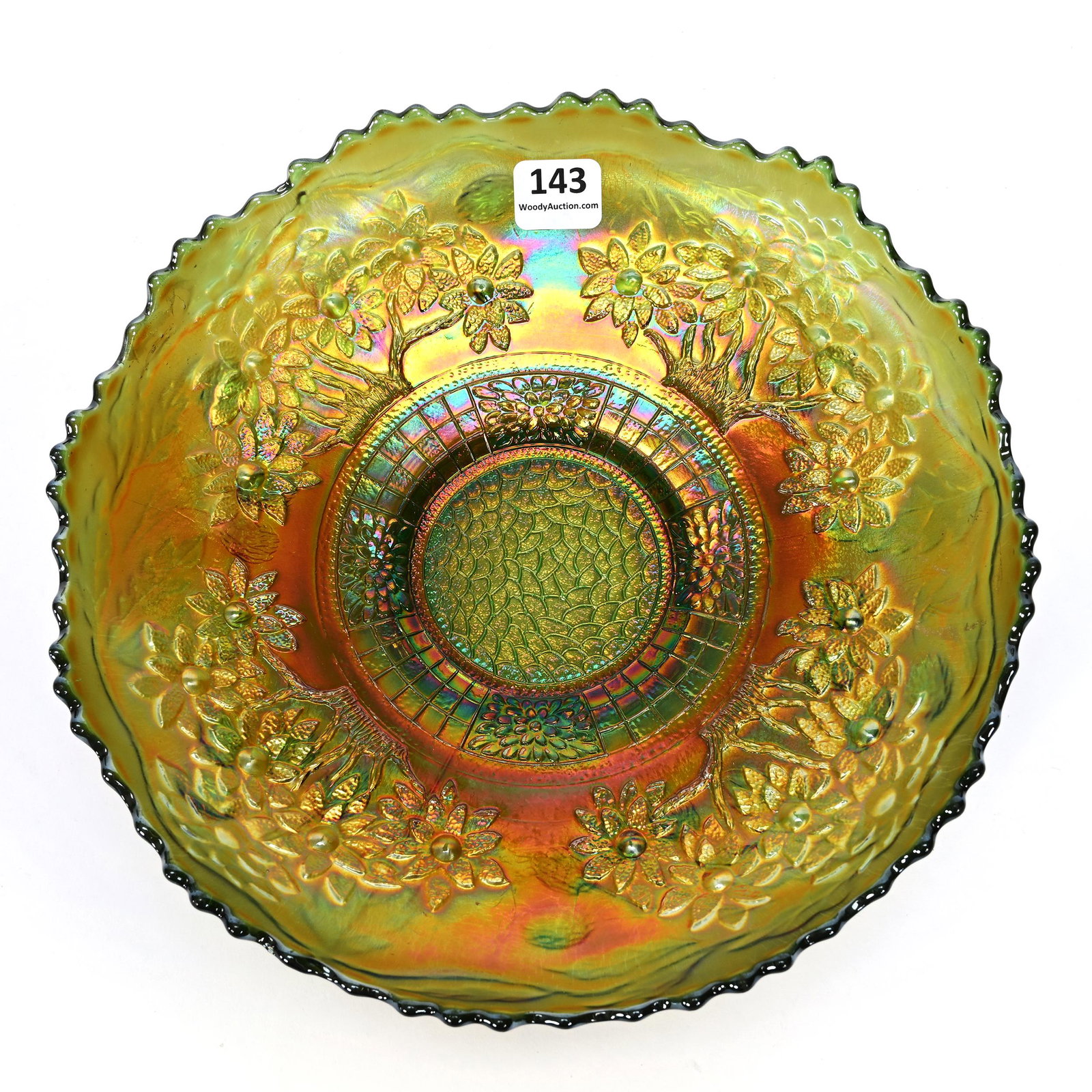 Bowl, Carnival Glass, Orange Tree, Green: Bowl, Carnival Glass, Orange Tree, Green, 8.75", By Fenton, Ice Cream Shape, Bearded Berry Exterior, Merle Richardson Collection.