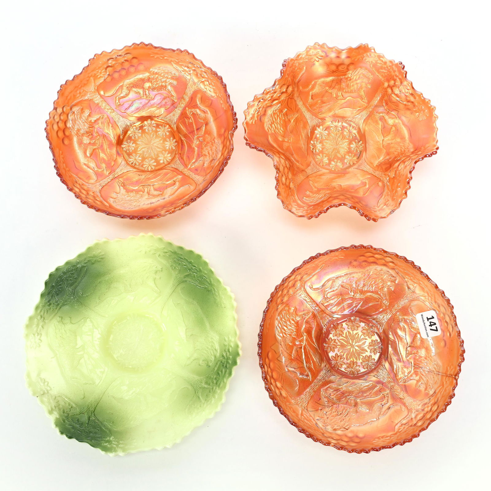 (3) Bowls, Carnival Glass, Lion, Marigold, (1) Custard Plate (1 of 2)