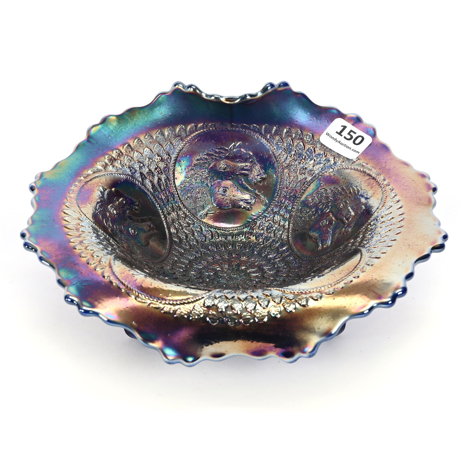 Bowl, Jack In Pulpit, Carnival Glass, Horse Medallion, Blue (1 of 3)