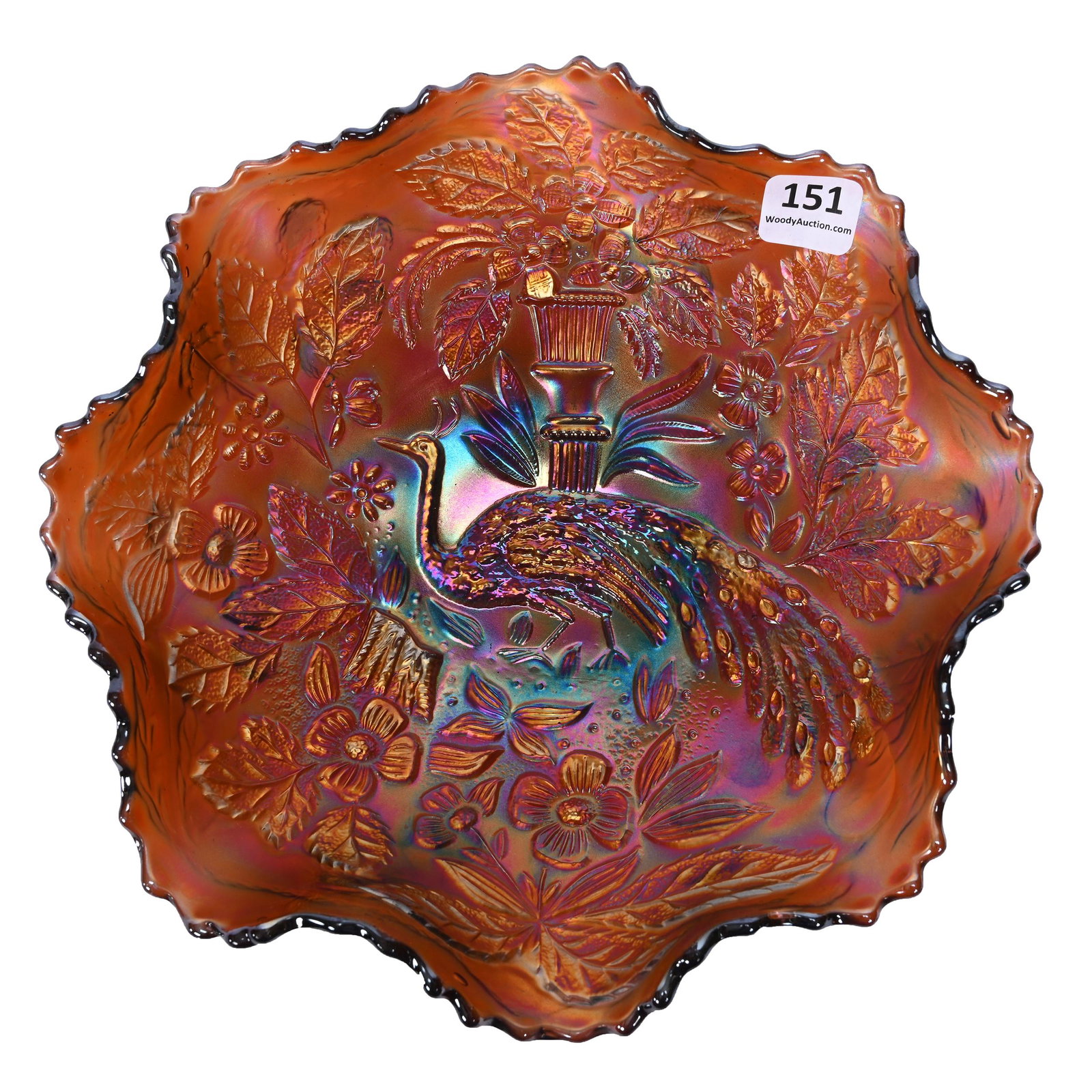 Bowl, Carnival Glass, Peacock At Urn, Amethyst: Bowl, Carnival Glass, Peacock At Urn, Amethyst, 8.5", By Fenton, Ruffled, Merle Richardson Collection.