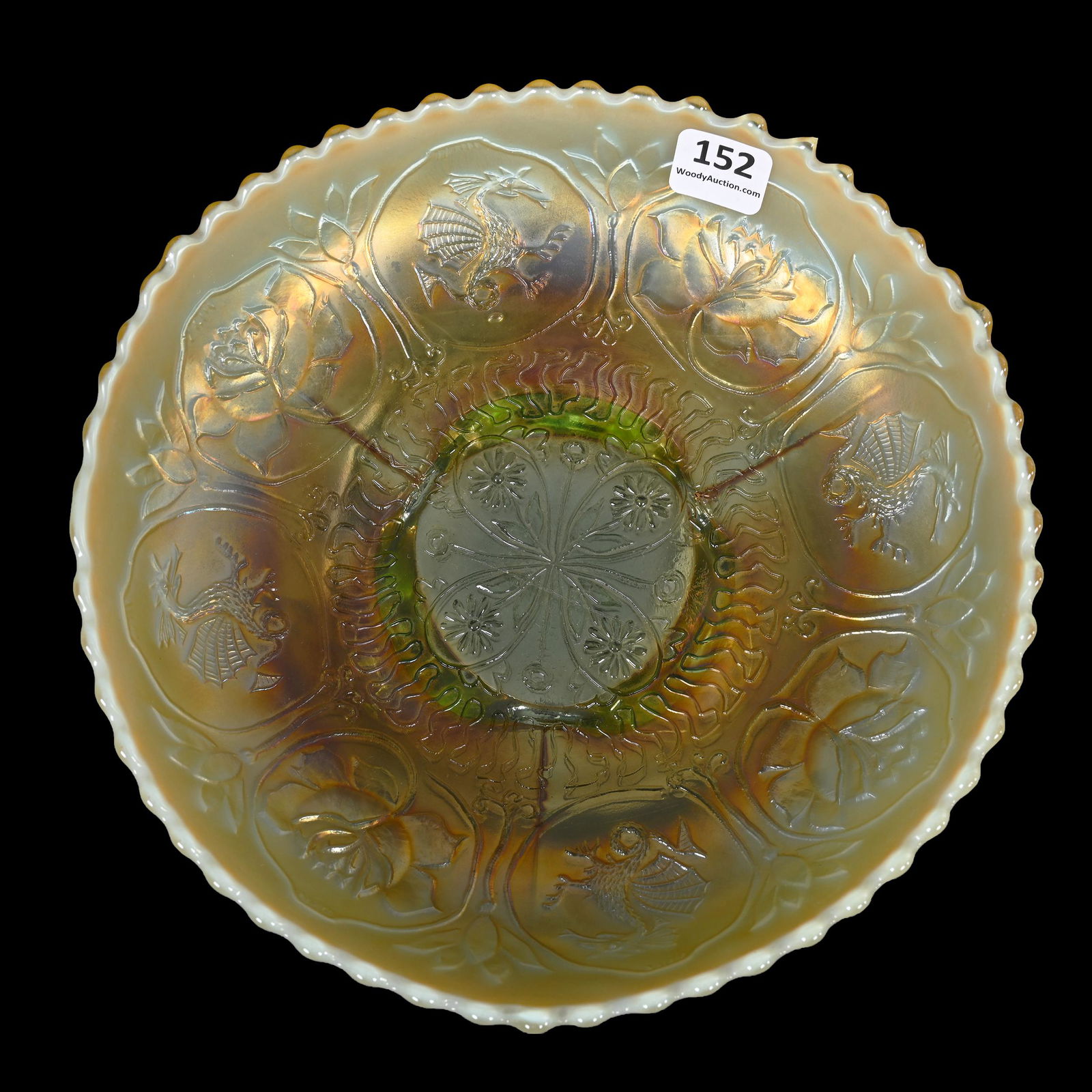 Bowl, Carnival Glass, Dragon And Lotus, Vaseline Opalescent (1 of 3)