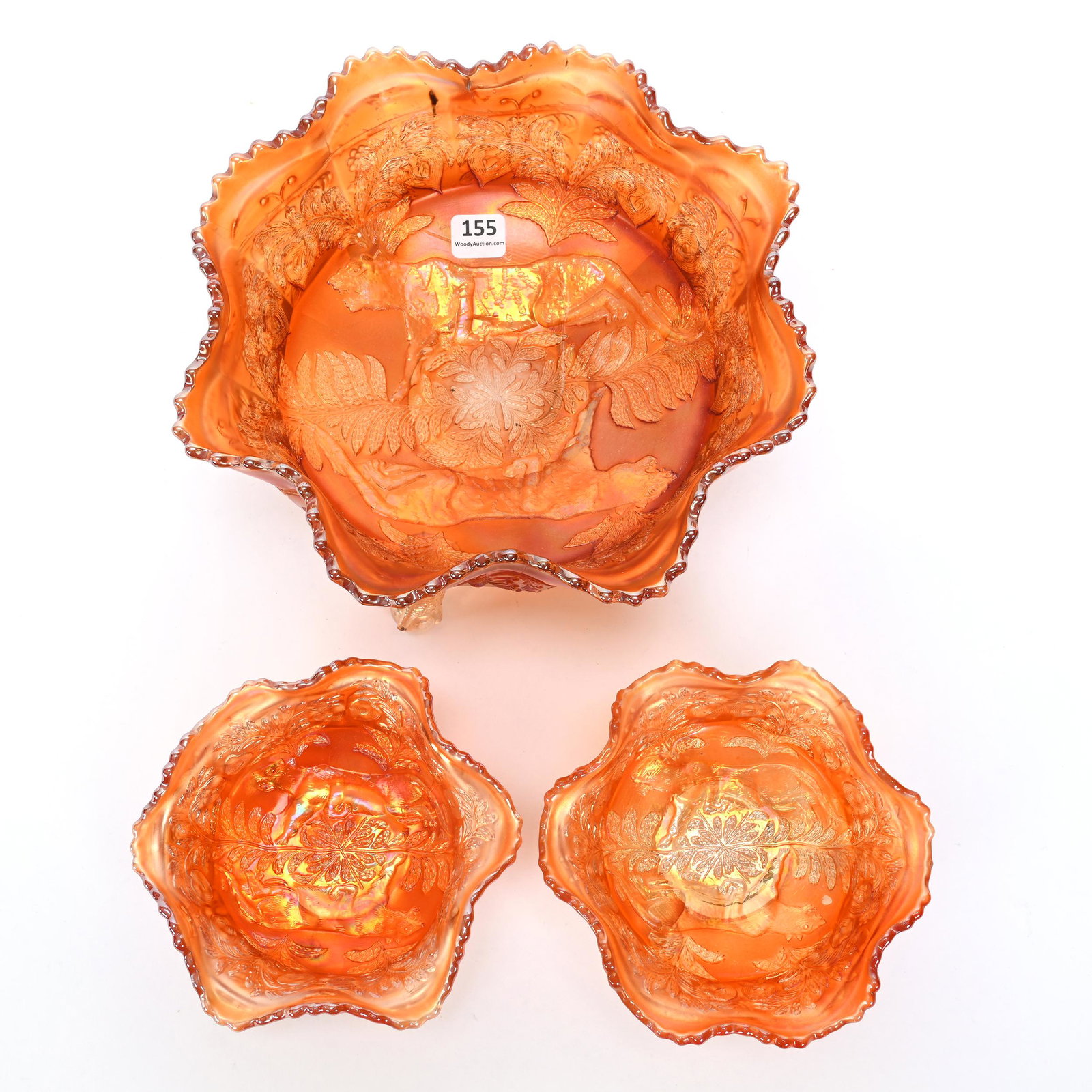 (3) Bowls, Carnival Glass, Panther, Marigold: (3) Bowls, Carnival Glass, Panther, Marigold, By Fenton, Footed, Butterfly And Berry Exterior, (1) 9" Bowl, Ruffled, Some Dark Inclusions, (2) 5" Round Bowls, Merle Richardson Collection.