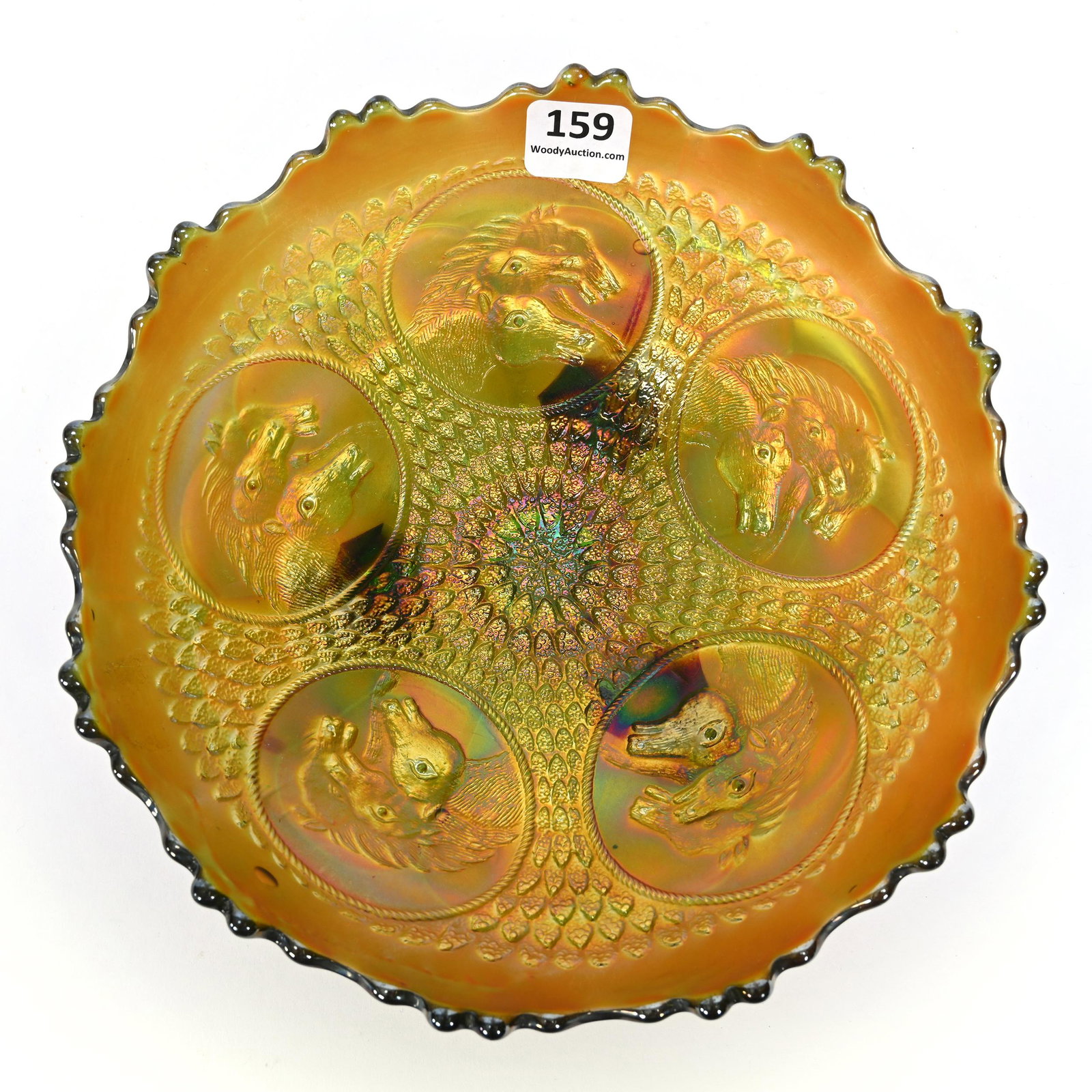 Bowl, Carnival Glass, Horse Medallion, Green: Bowl, Carnival Glass, Horse Medallion, Green, 7.25", By Fenton, Ice Cream Shape, Footed, Merle Richardson Collection.