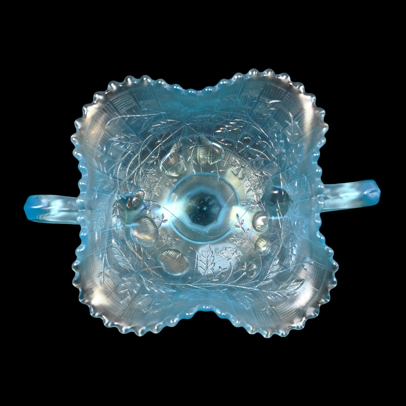 Pedestal Bon-Bon, Carnival Glass, Fruits & Flowers, Ice Blue: Pedestal Bon-Bon, Carnival Glass, Fruits & Flowers, Ice Blue, 4" x 8", By Northwood, Basketweave Exterior, Dick & Diane Elder Collection.
