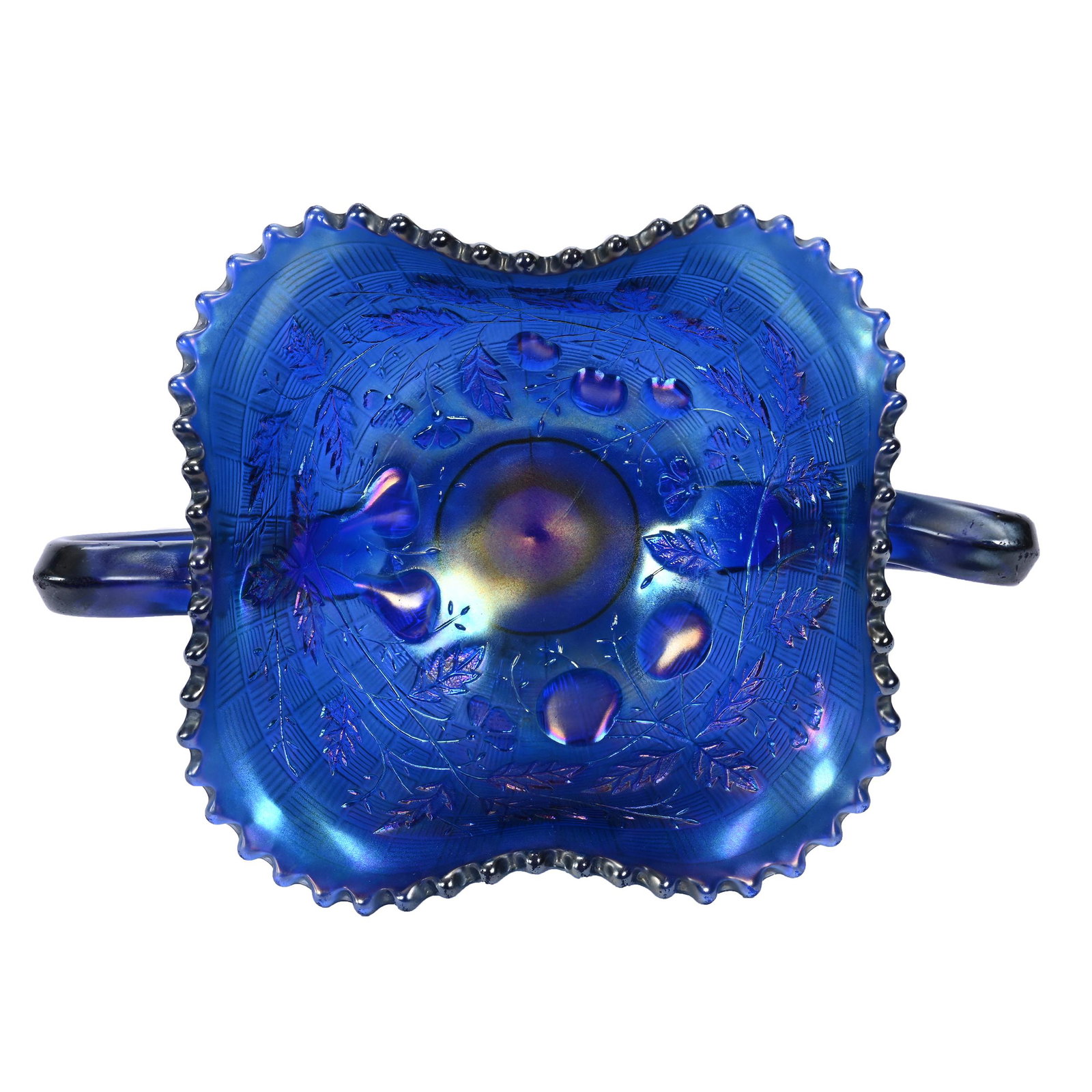 Pedestal Bon-Bon, Carnival Glass, Fruits & Flowers, Electric Blue: Pedestal Bon-Bon, Carnival Glass, Fruits & Flowers, Electric Blue, 4" x 8", By Northwood, Basketweave Exterior, Dick & Diane Elder Collection.
