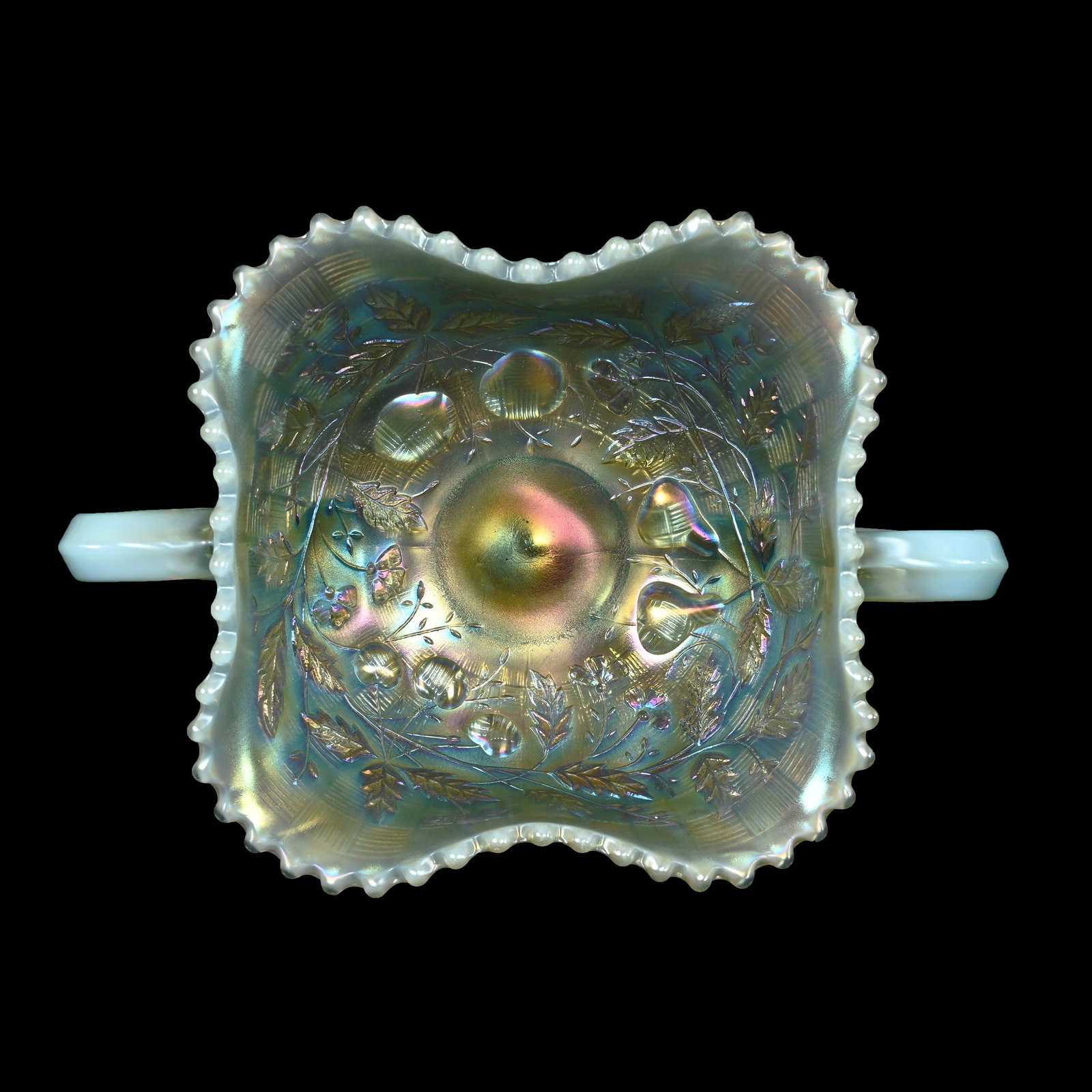 Pedestal Bon-Bon, Carnival Glass, Fruits & Flowers, Aqua Opal: Pedestal Bon-Bon, Carnival Glass, Fruits & Flowers, Aqua Opal, 4" x 8", By Northwood, Two Handles, Basketweave Exterior, Dick & Diane Elder Collection.