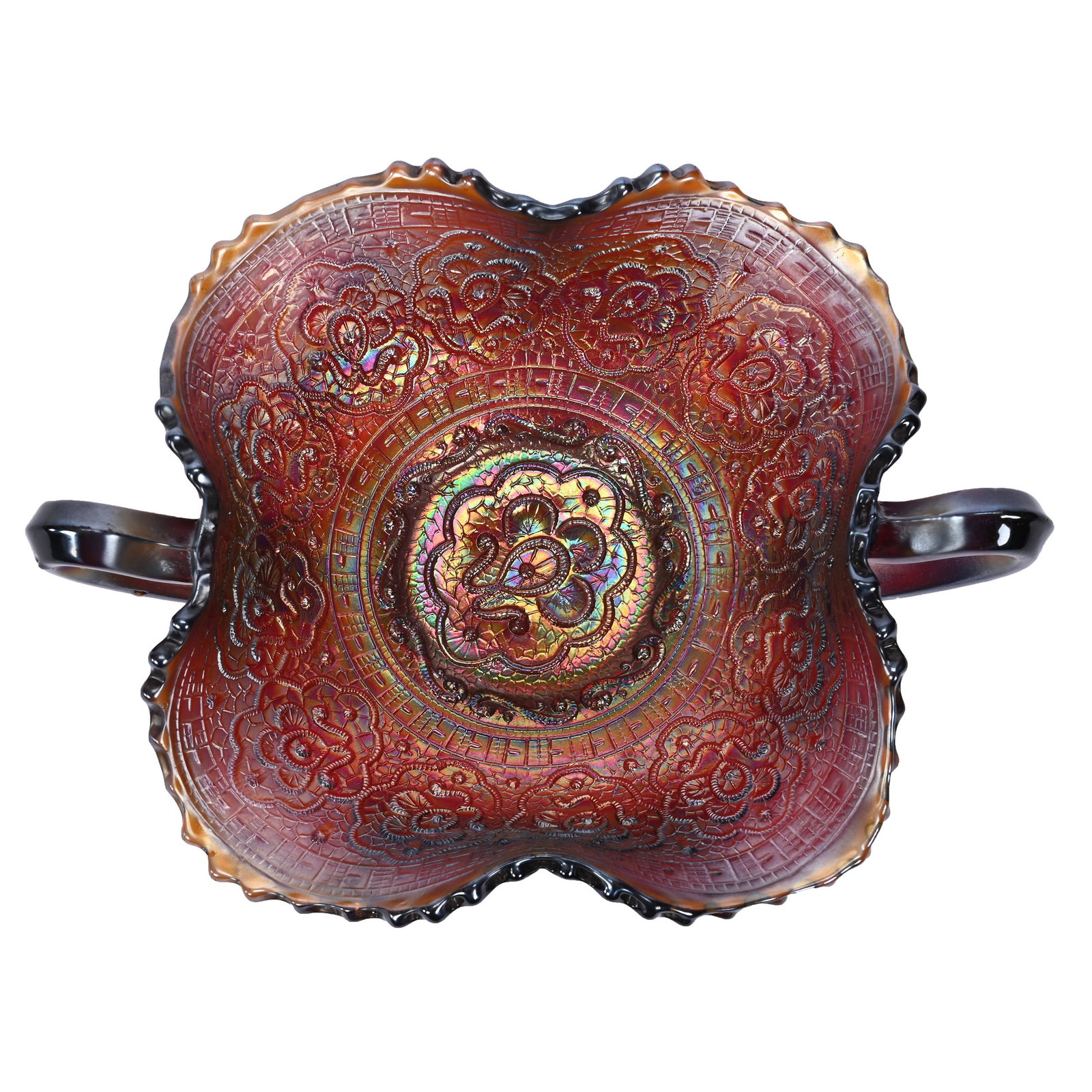 Bon-Bon, Carnival Glass, Persian Medallion, Amberina: Bon-Bon, Carnival Glass, Persian Medallion, Amberina, 2,75" x 7.75", By Fenton, Two Handles, Hard To See Crack, Dick & Diane Elder Collection.