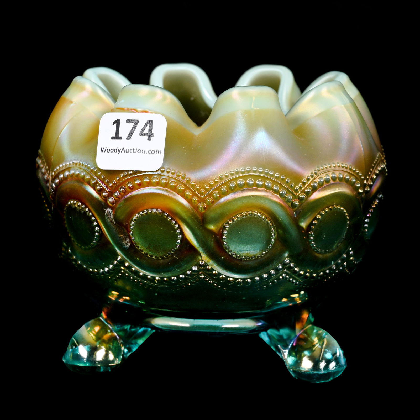 Rose Bowl, Footed, Carnival Glass, Beaded Cable, Aqua Opal: Rose Bowl, Footed, Carnival Glass, Beaded Cable, Aqua Opal, 4.5", By Northwood, Dick & Diane Elder Collection.