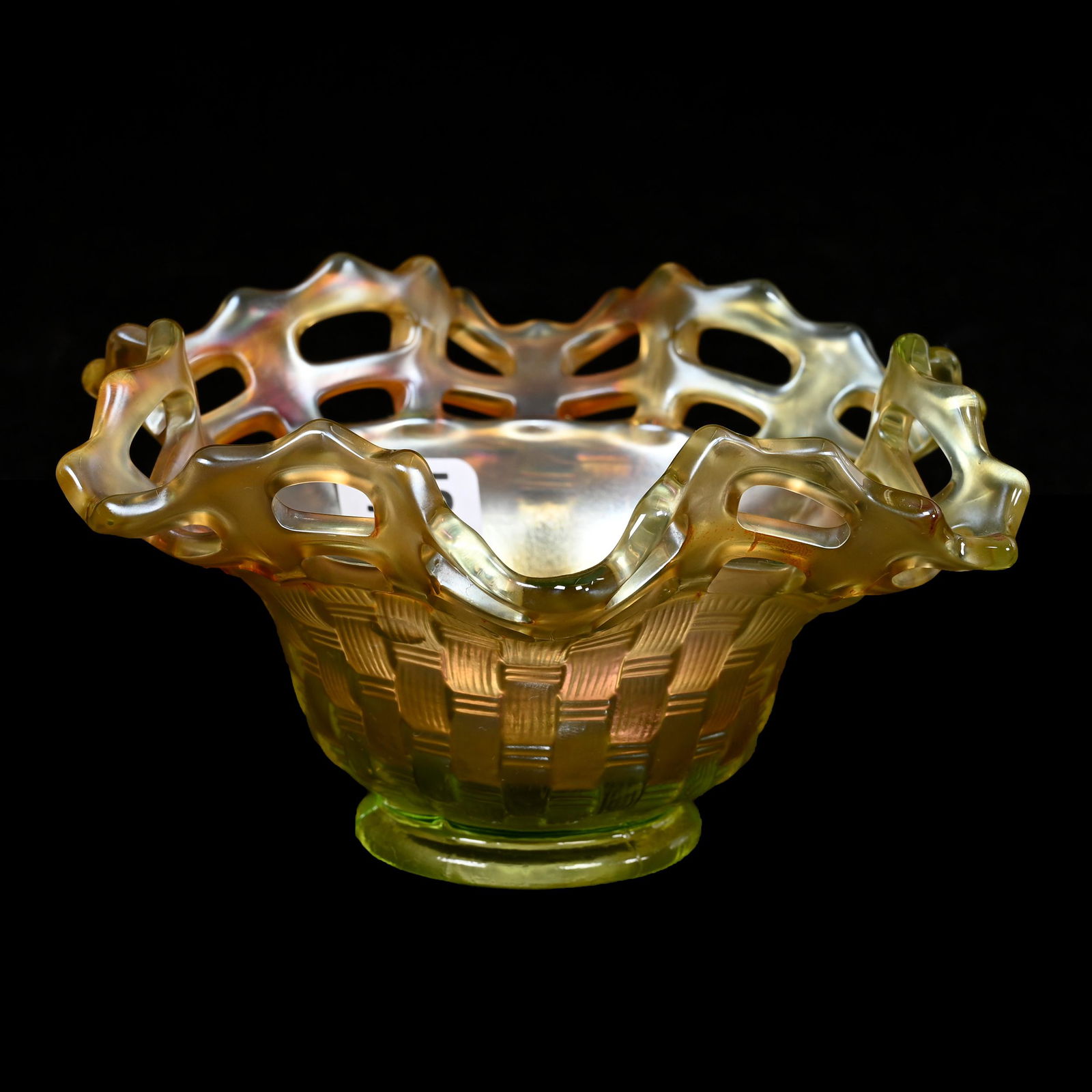 Basket, Carnival Glass, Two Row Open Edge, Vaseline (1 of 4)
