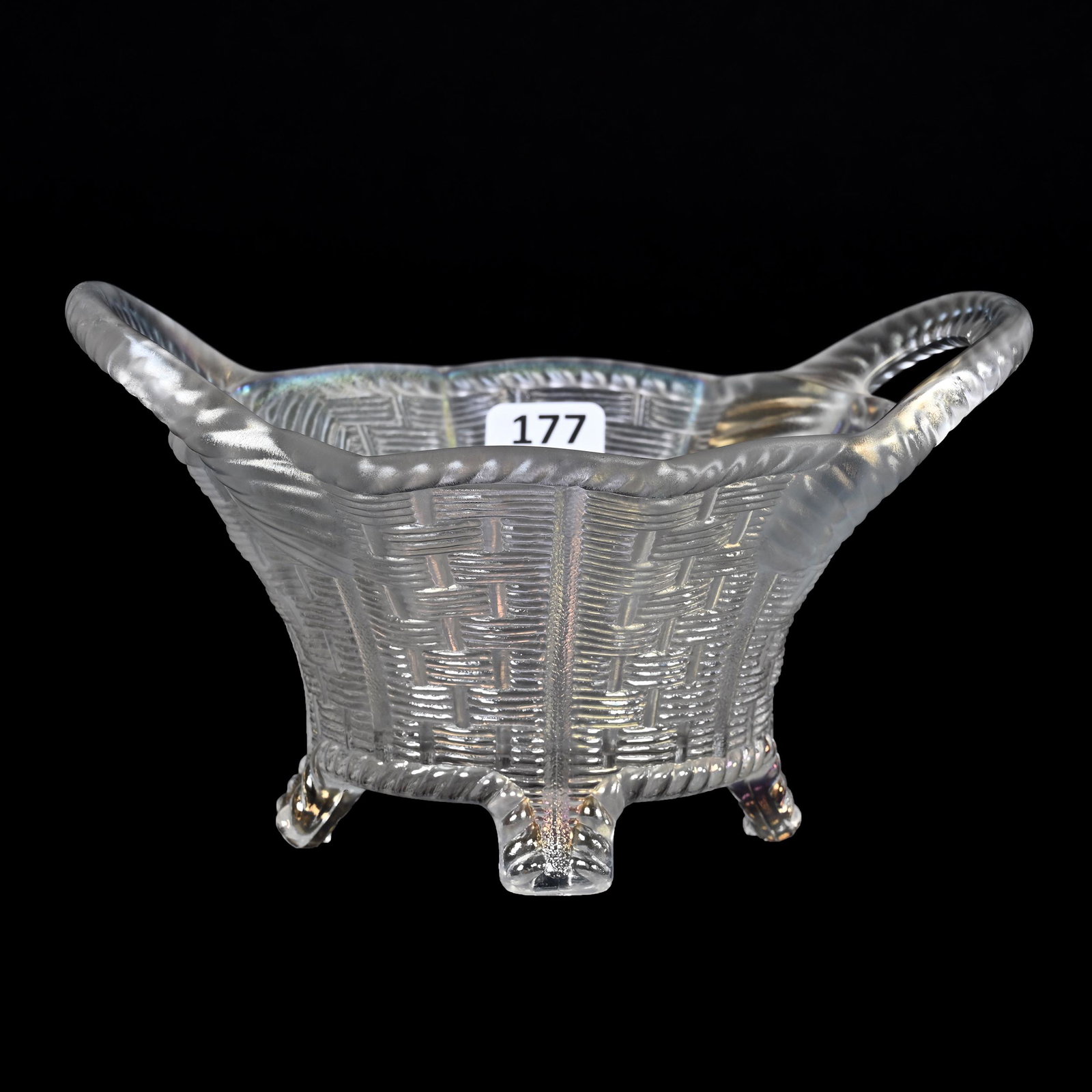 Bushel Basket, Carnival Glass, Basketweave, Eight-Sided, White: Bushel Basket, Carnival Glass, Basketweave, Eight-Sided, White, 4" x 6.5", By Northwood, Dick & Diane Elder Collection.