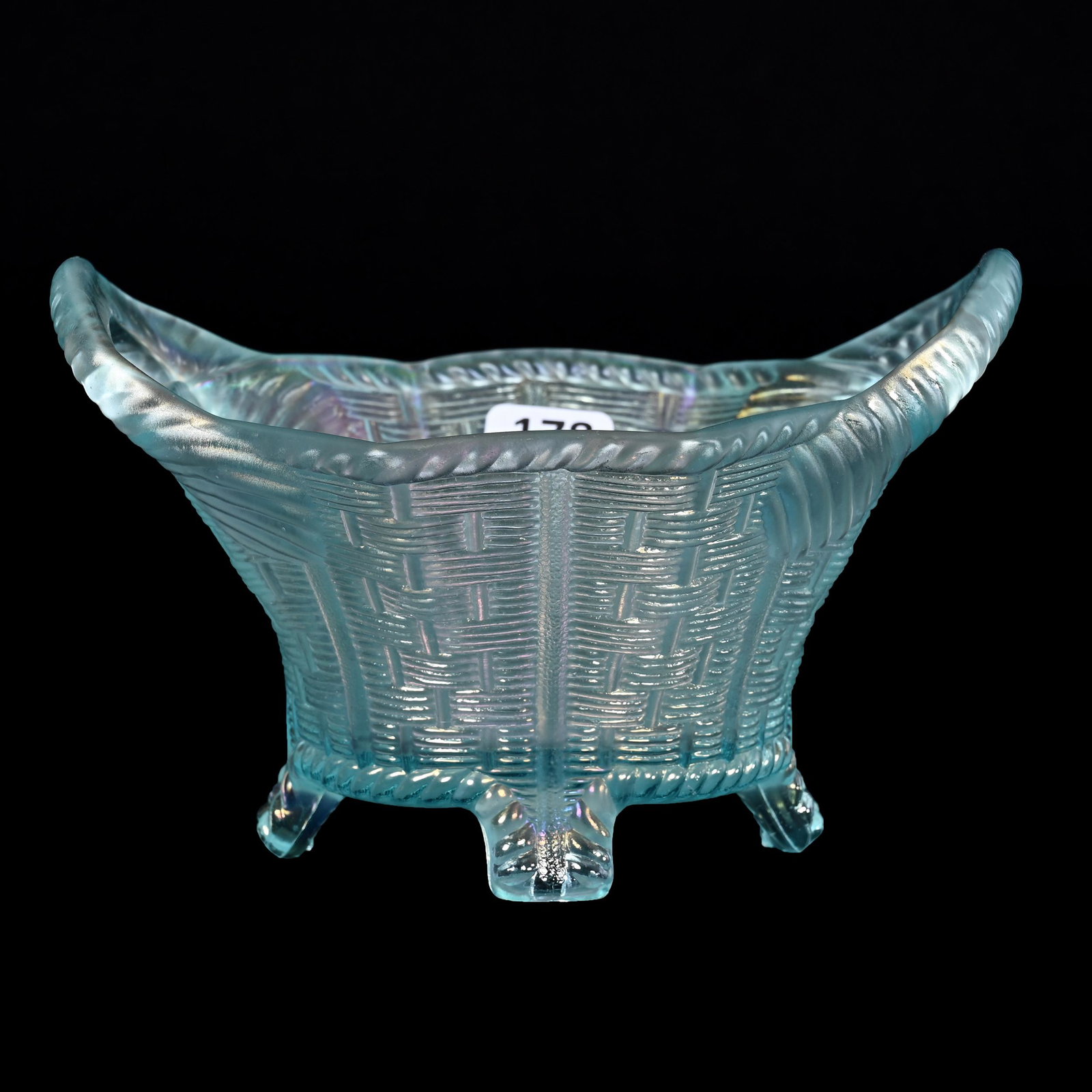 Bushel Basket, Carnival Glass, Basketweave, Eight-Sided, Ice Blue: Bushel Basket, Carnival Glass, Basketweave, Eight-Sided, Ice Blue, 4" x 6.25", By Northwood, Dick & Diane Elder Collection.