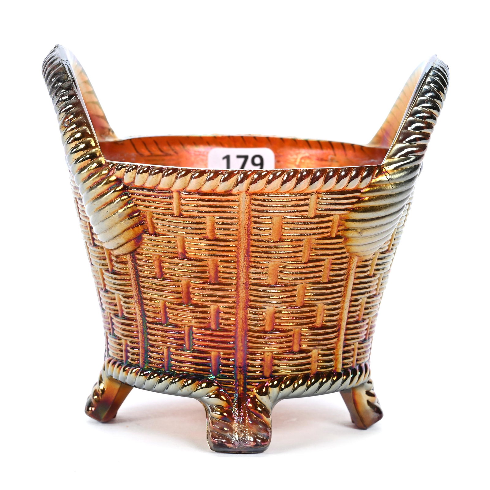 Bushel Basket, Carnival Glass, Basketweave, Round, Golden Amber: Bushel Basket, Carnival Glass, Basketweave, Round, Golden Amber, 4.5" x 5", By Northwood, Dick & Diane Elder Collection.
