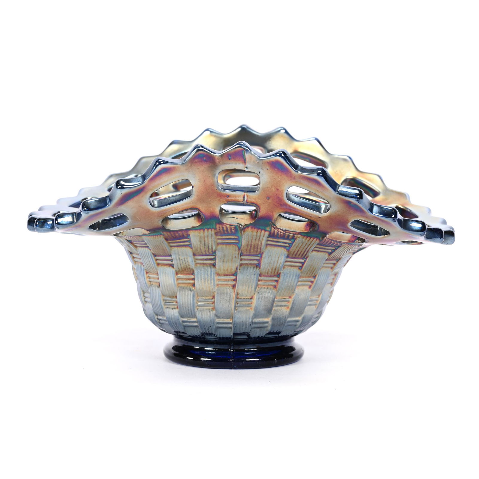 Basket, Carnival Glass, Two Row Open Edge, Blue (1 of 3)