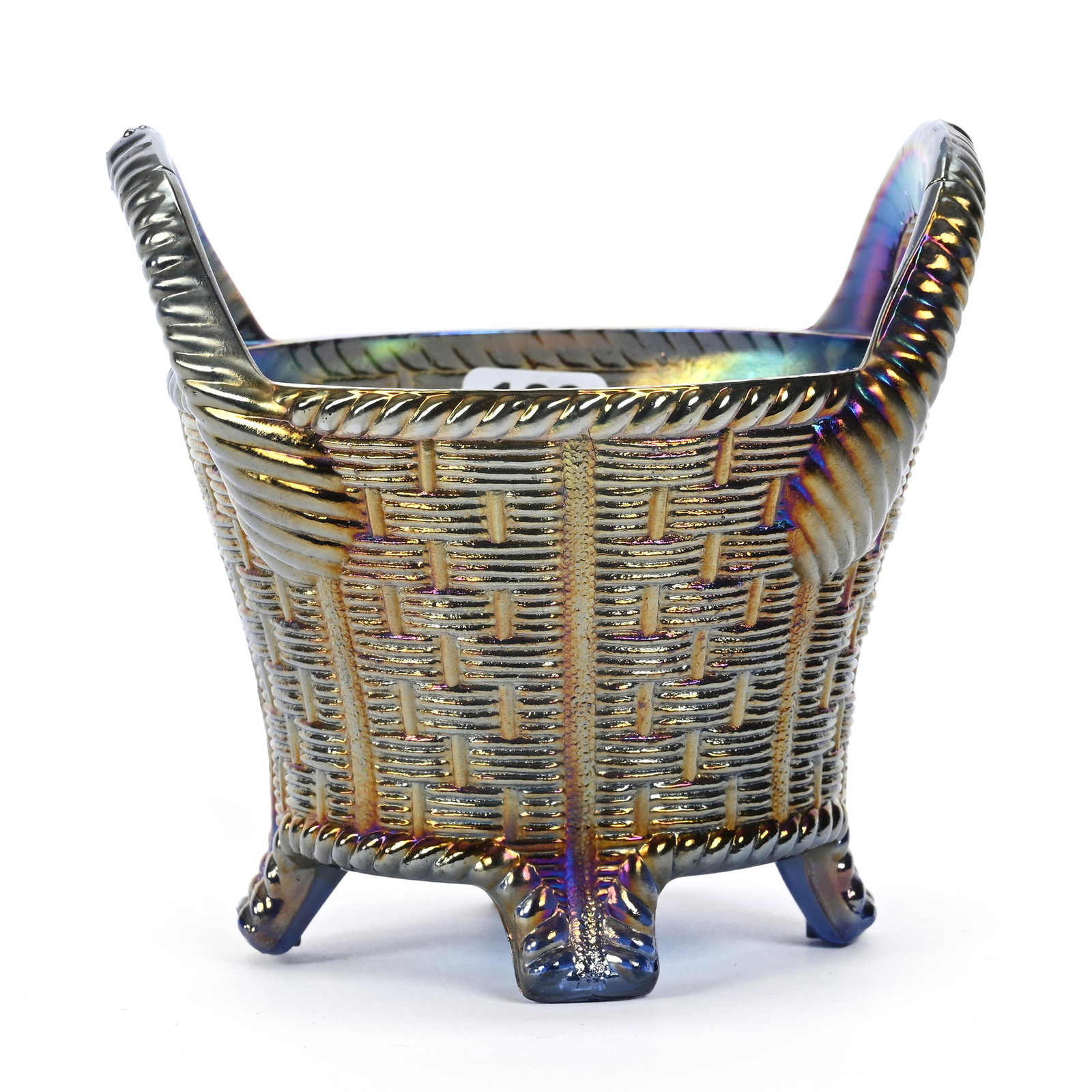 Bushel Basket, Carnival Glass, Basketweave, Round, Blue: Bushel Basket, Carnival Glass, Basketweave, Round, Blue, 4.75" x 5", By Northwood, Dick & Diane Elder Collection.