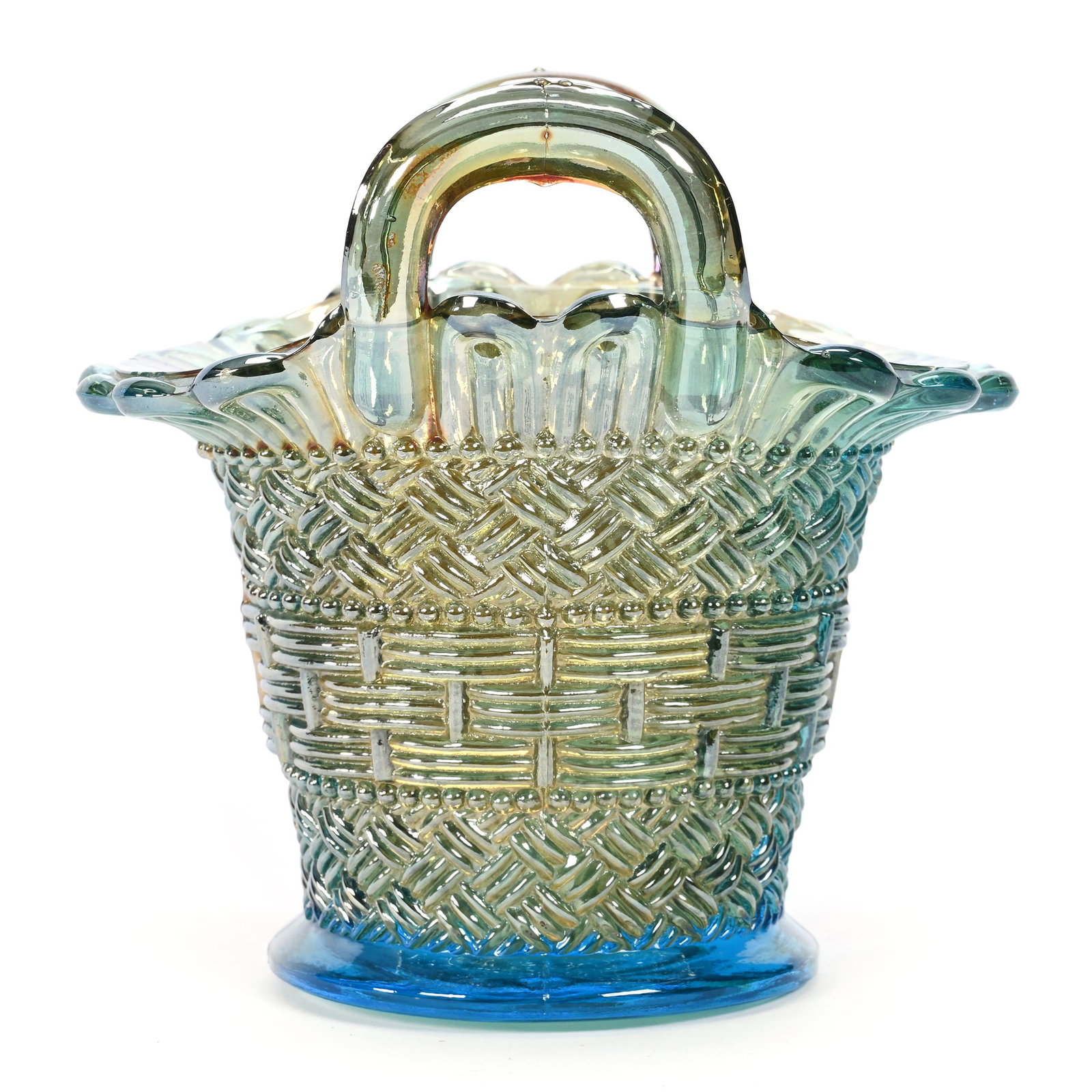 Basket, Carnival Glass, Beaded Basket, Aqua: Basket, Carnival Glass, Beaded Basket, Aqua, 5.25" x 5.25", By Diamond, Dick & Diane Elder Collection.
