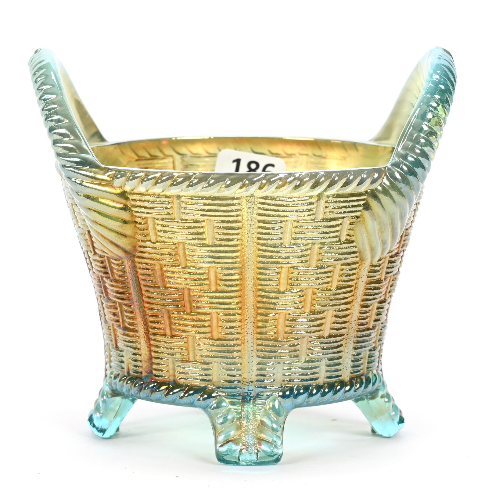 Bushel Basket, Carnival Glass, Basketweave, Round, Aqua Opal (1 of 3)