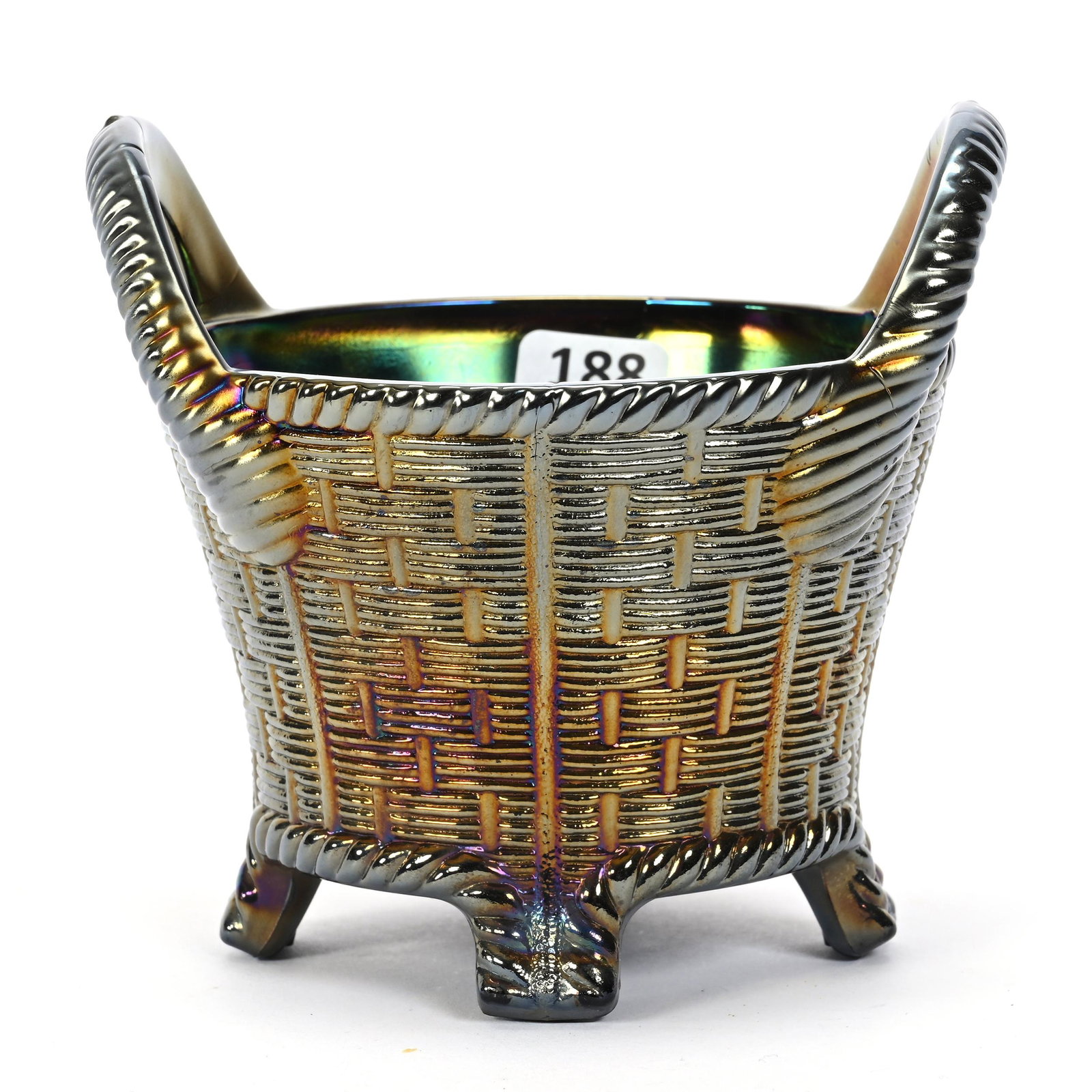 Bushel Basket, Carnival Glass, Basketweave, Round, Purple: Bushel Basket, Carnival Glass, Basketweave, Round, Purple, 4.75" x 5", By Northwood, Dick & Diane Elder Collection.