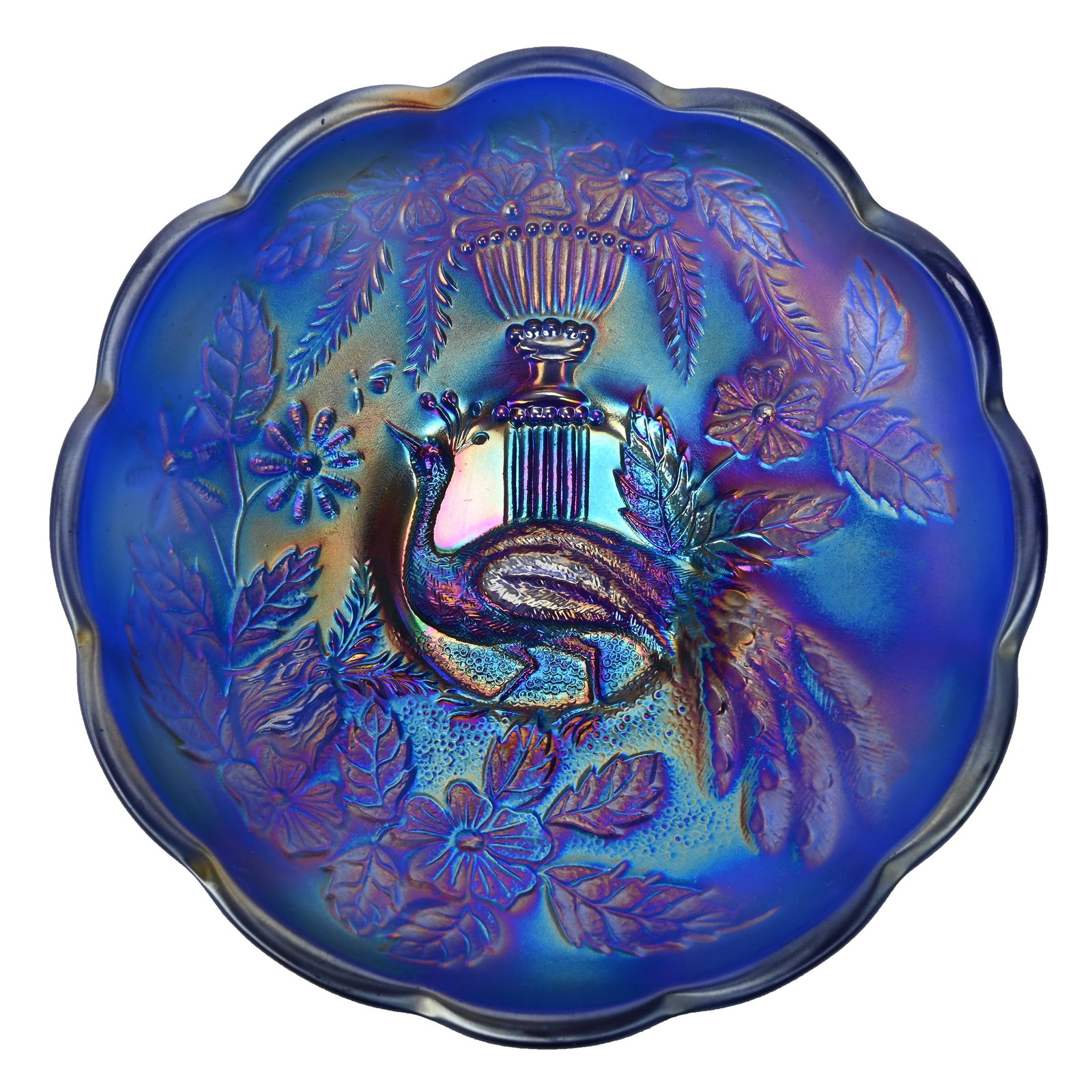 Berry Bowl, Carnival Glass, Peacock At Urn, Blue: Berry Bowl, Carnival Glass, Peacock At Urn, Blue, 5.25", By Northwood, Dick & Diane Elder Collection.