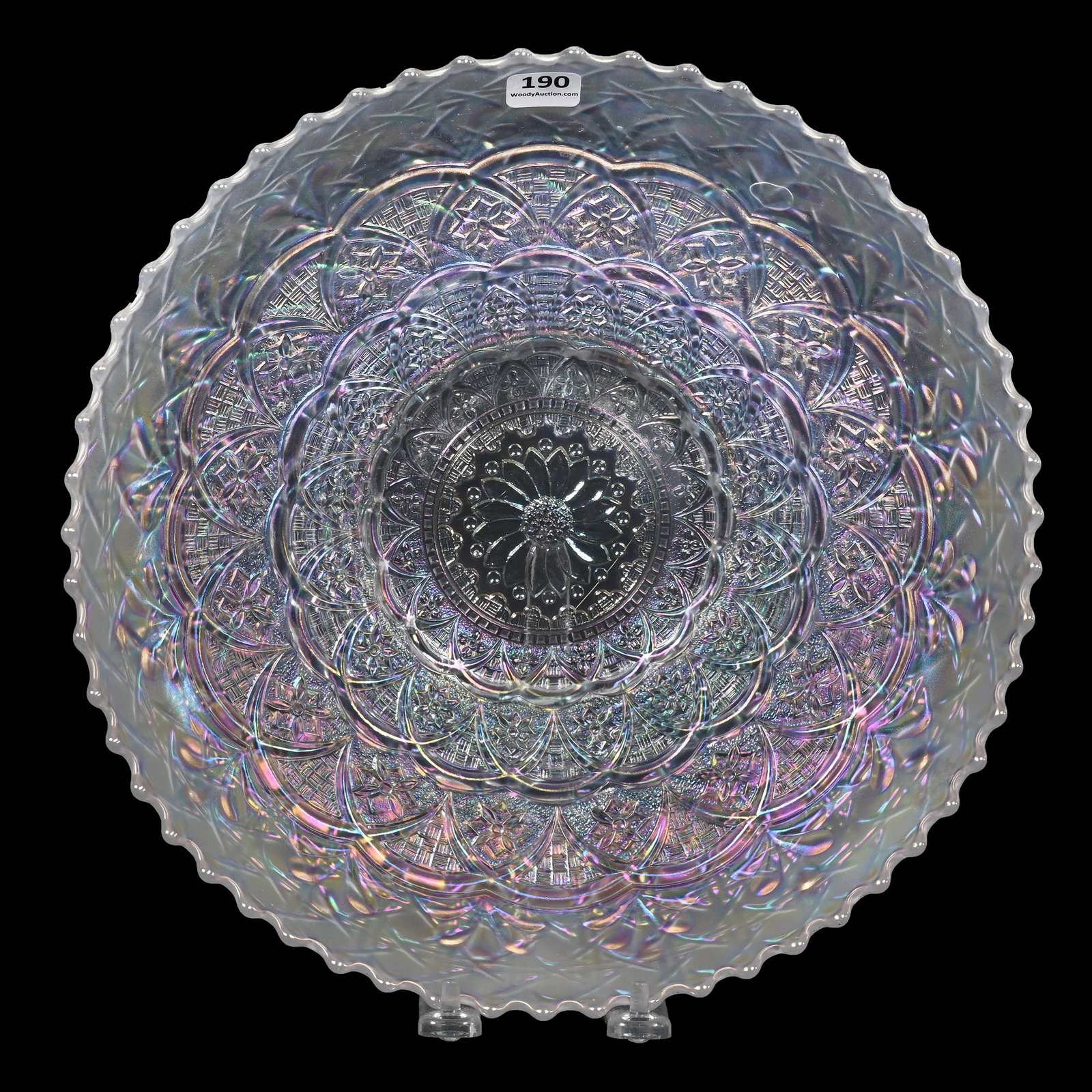 Bowl, Carnival Glass, Persian Garden, White: Bowl, Carnival Glass, Persian Garden, White, 11.5", By Northwood, Ice Cream Shape, Dick & Diane Elder Collection.