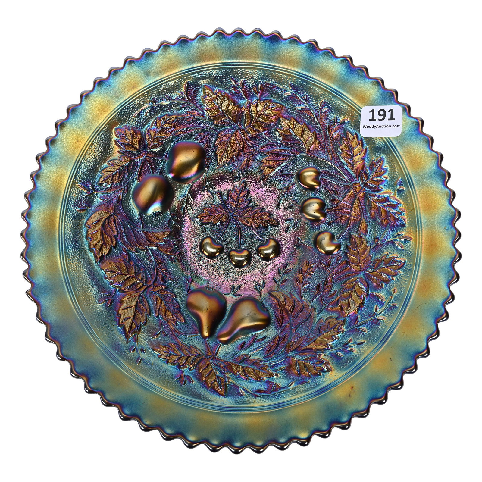 Plate, Carnival Glass, Three Fruits, Purple/Amethyst: Plate, Carnival Glass, Three Fruits, Purple/Amethyst, 9", By Northwood, Stippled, Ribbed Exterior, Fantastic Iridescence, Dick & Diane Elder Collection.