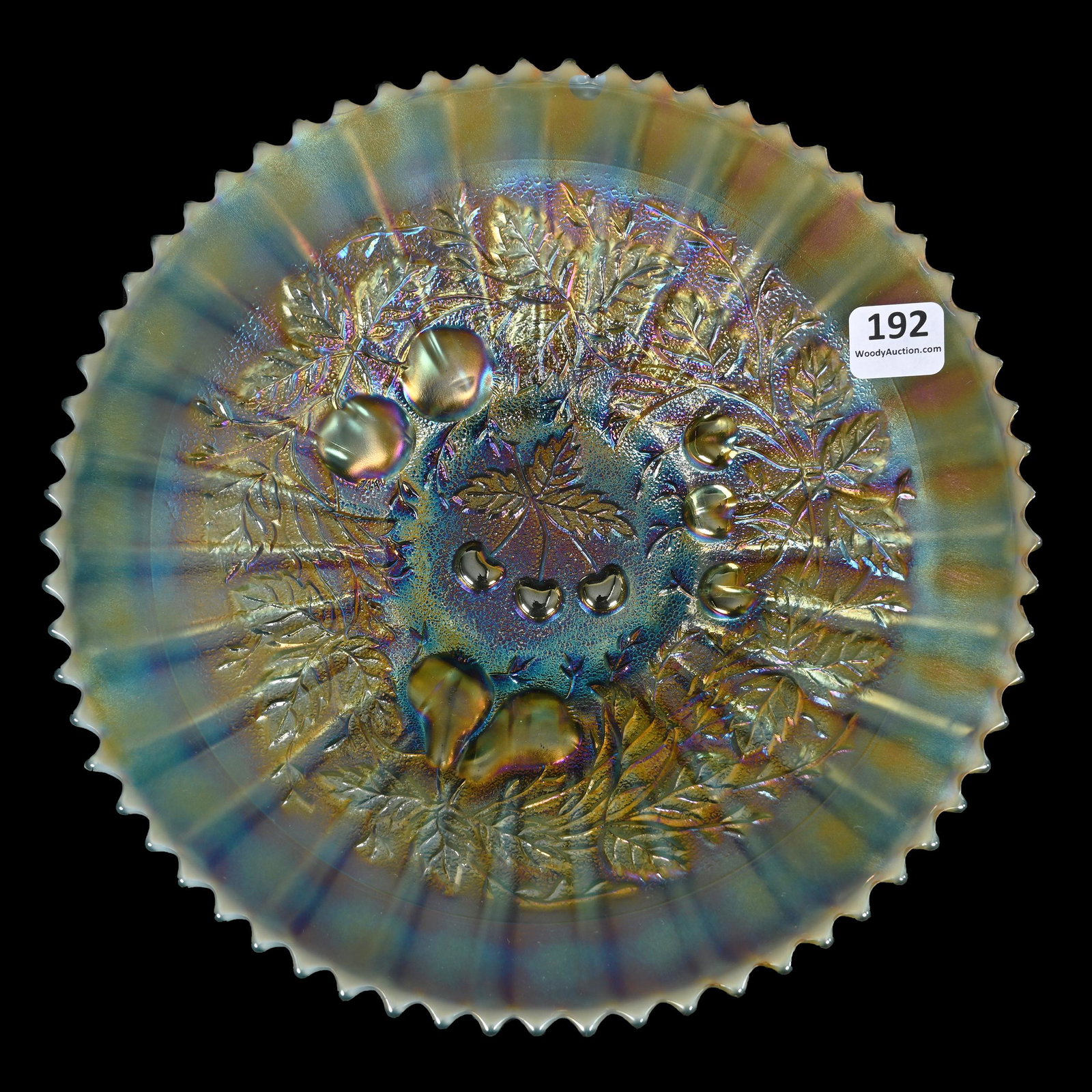 Plate, Carnival Glass, Three Fruits, Aqua Opalescent: Plate, Carnival Glass, Three Fruits, Aqua Opalescent, 9", By Northwood, Stippled, Ribbed Exterior, Surface Fan Chip Between Two Teeth, Dick & Diane Elder Collection.
