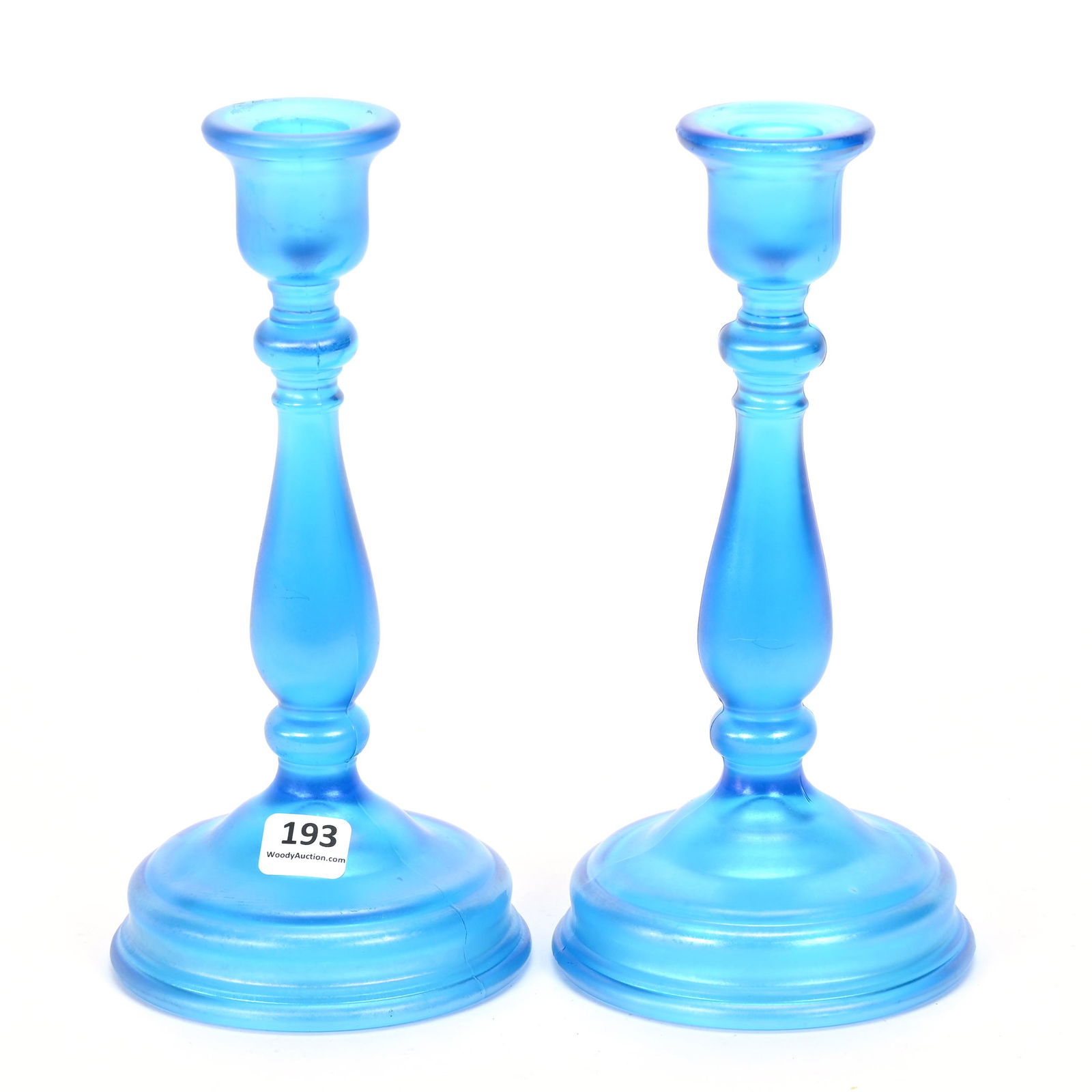 Pair Candlesticks, Carnival Glass, Spindle, Celeste Blue (1 of 3)