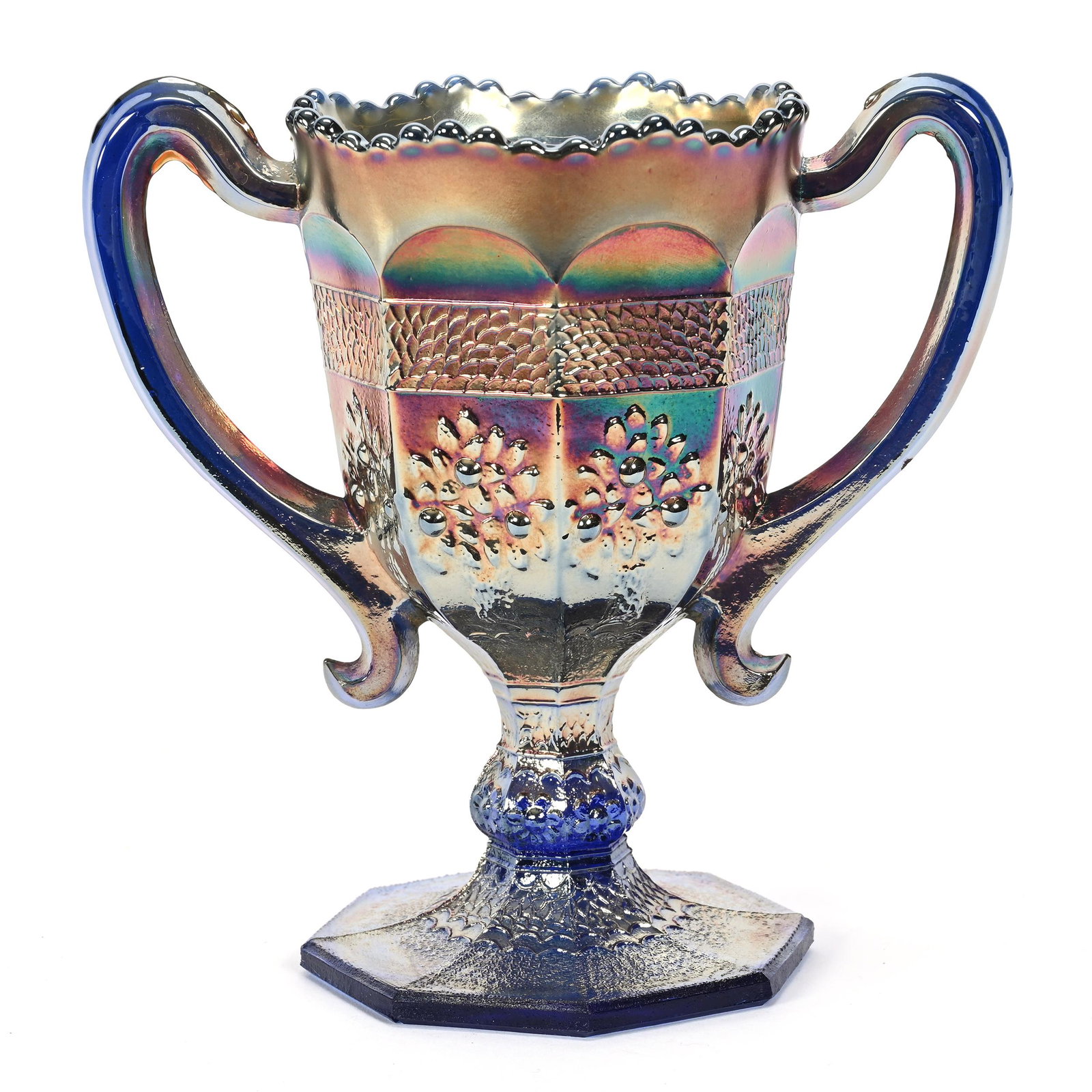 Loving Cup, Carnival Glass, Orange Tree, Blue: Loving Cup, Carnival Glass, Orange Tree, Blue, 6" x 6", By Fenton, Two Handles, Nick On One Handle, Dick & Diane Elder Collection.