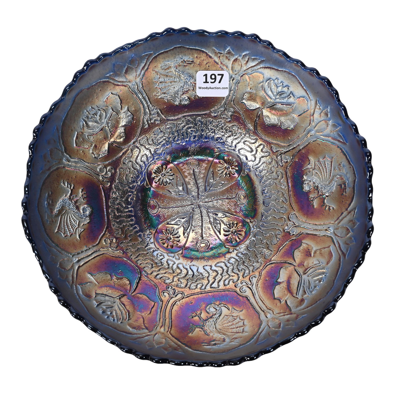 Bowl, Carnival Glass, Dragon And Lotus, Blue: Bowl, Carnival Glass, Dragon And Lotus, Blue, 8.5", By Fenton, Ice Cream Shape, Dick & Diane Elder Collection.
