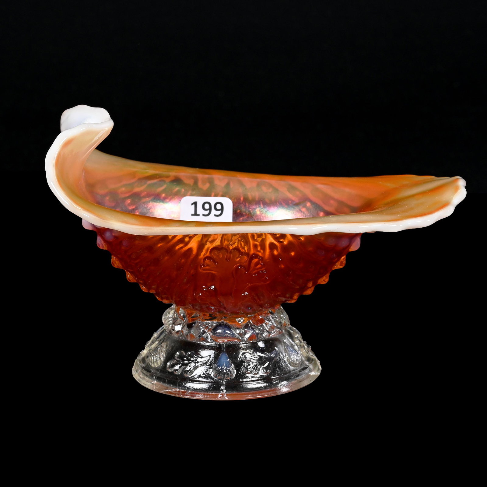 Gravy Boat, Carnival Glass, Nautilus, Peach Opalescent: Gravy Boat, Carnival Glass, Nautilus, Peach Opalescent, 4.25" x 6.75", By Northwood/Dugan, Dick & Diane Elder Collection.