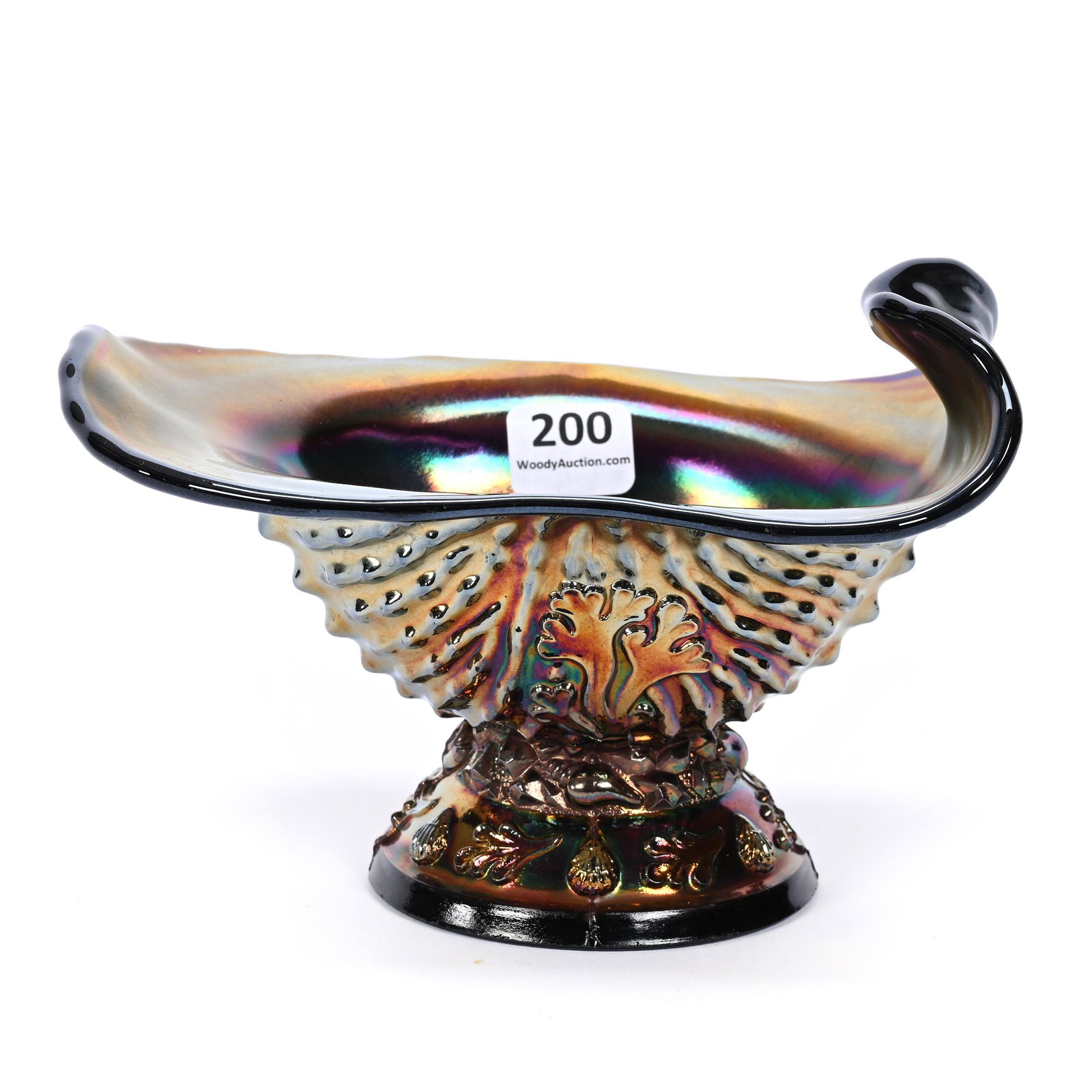 Gravy Boat, Carnival Glass, Nautilus, Purple: Gravy Boat, Carnival Glass, Nautilus, Purple, 4.25" x 6.75", By Northwood/Dugan, Dick & Diane Elder Collection.