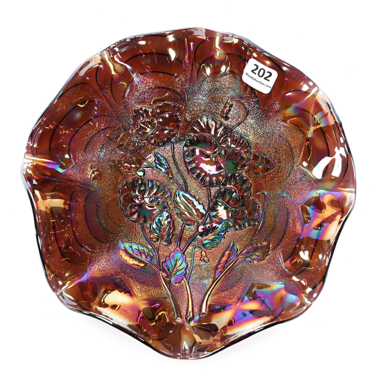 Bowl, Carnival Glass, Pansy, Amethyst: Bowl, Carnival Glass, Pansy, Amethyst, 8.5", By Imperial, Arcs Exterior, Ruffled, Dick & Diane Elder Collection.