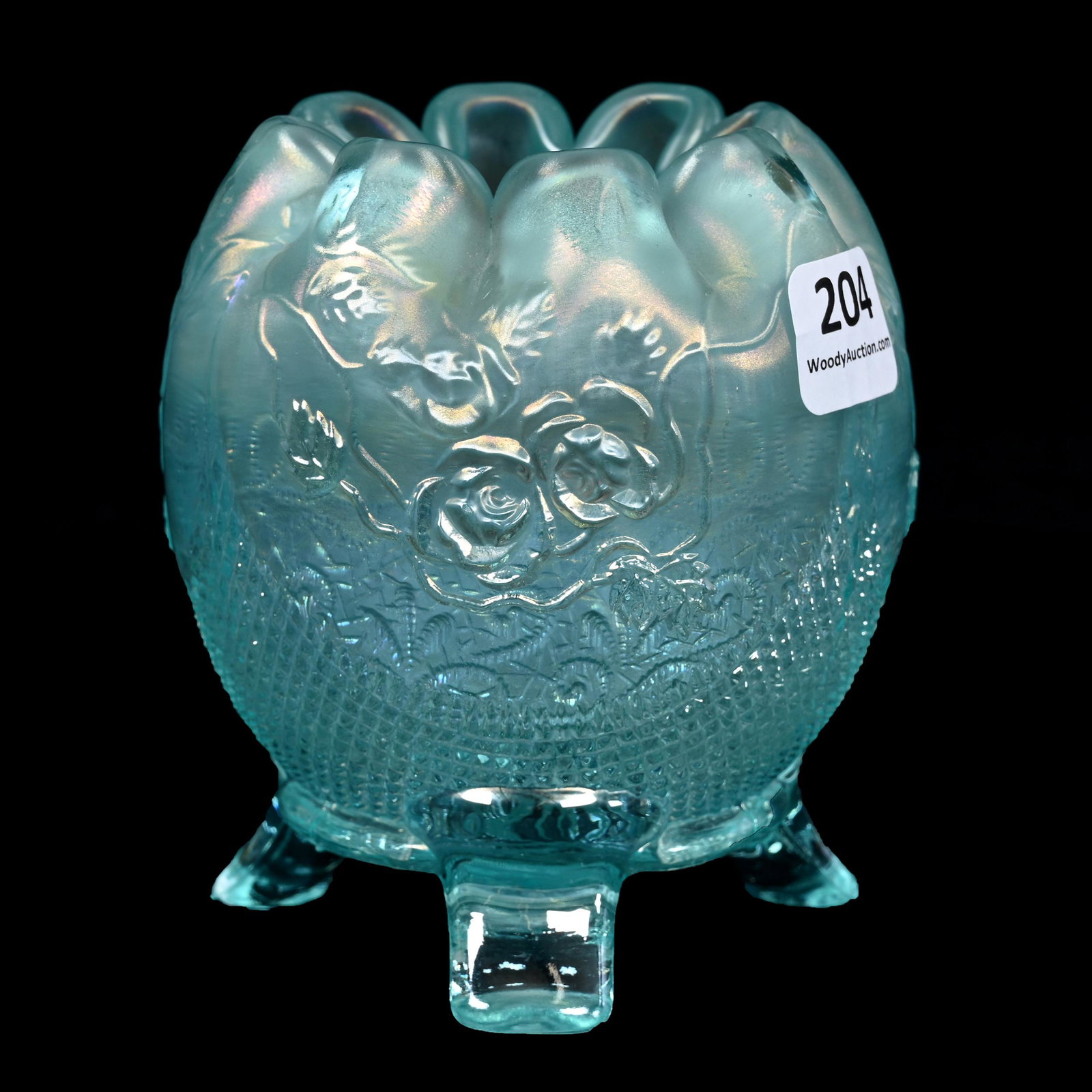 Rose Bowl, Carnival Glass, Fine Cut & Roses, Ice Blue: Rose Bowl, Carnival Glass, Fine Cut & Roses, Ice Blue, 4" x 3.5", By Northwood, Frosty Edge, Large Foot Chip, Dick & Diane Elder Collection.