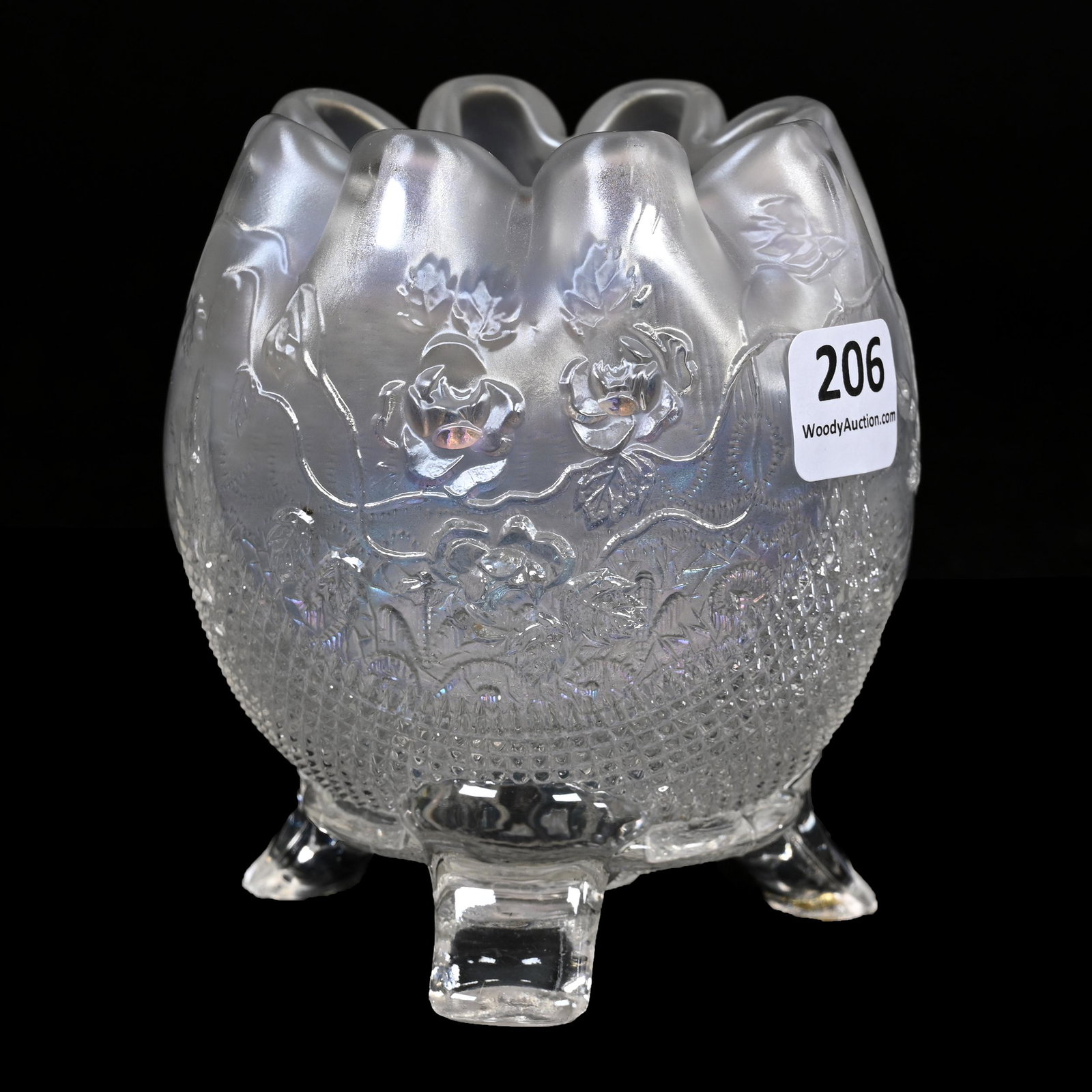 Rose Bowl, Carnival Glass, Fine Cut & Roses, White: Rose Bowl, Carnival Glass, Fine Cut & Roses, White, 4" x 3.5", By Northwood, Dick & Diane Elder Collection.