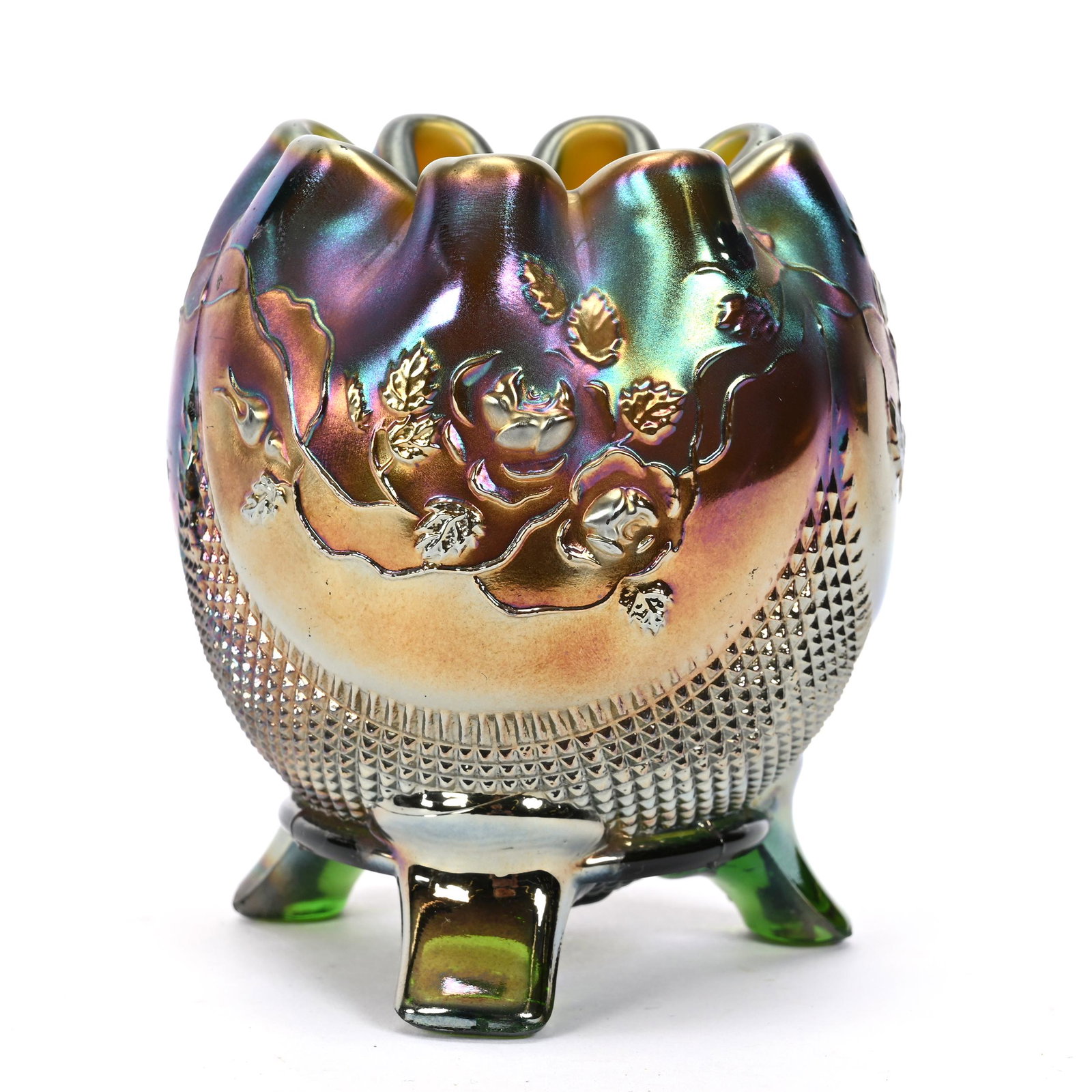 Rose Bowl, Carnival Glass, Fine Cut & Roses, Green: Rose Bowl, Carnival Glass, Fine Cut & Roses, Green, 4" x 3.5", By Northwood, Nicks On Foot, Dick & Diane Elder Collection.