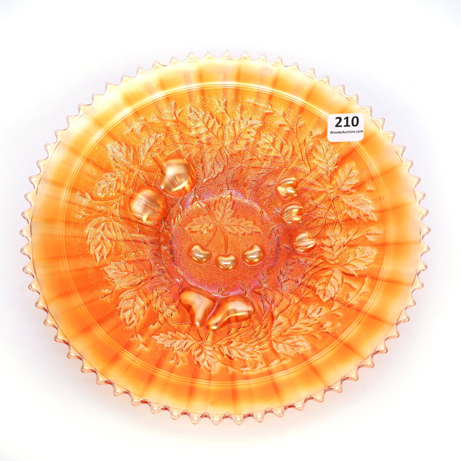 Plate, Carnival Glass, Three Fruits, Marigold: Plate, Carnival Glass, Three Fruits, Marigold, 9", By Northwood, Stippled, Ribbed Exterior, Dick & Diane Elder Collection.