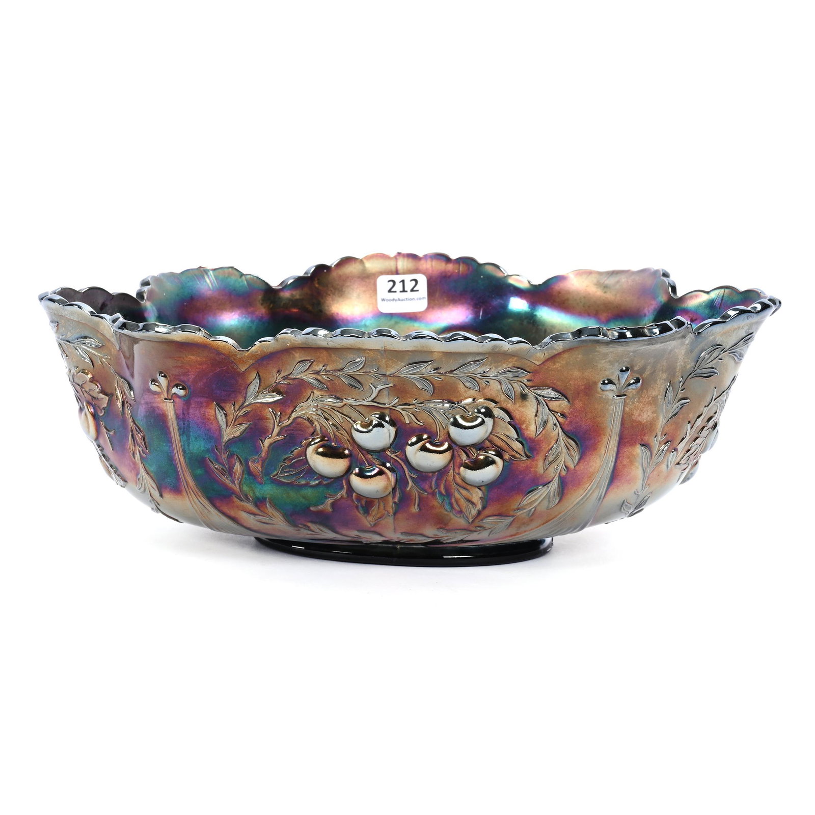 Banana Bowl, Carnival Glass, Wreathed Cherry, Purple: Banana Bowl, Carnival Glass, Wreathed Cherry, Purple, 12.25" x 9.25", By Fenton, Dick & Diane Elder Collection.