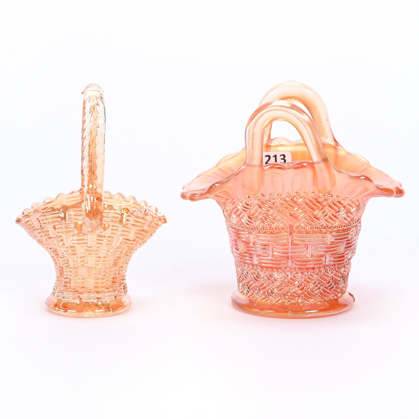(2) Baskets, Carnival Glass, Marigold: (2) Baskets, Carnival Glass, Marigold, (1) 5.75" X 3.5" Big Basketweave By Dugan, (1) 5.5" X 5.5" Beaded Basket By Diamond, Dick & Diane Elder Collection.