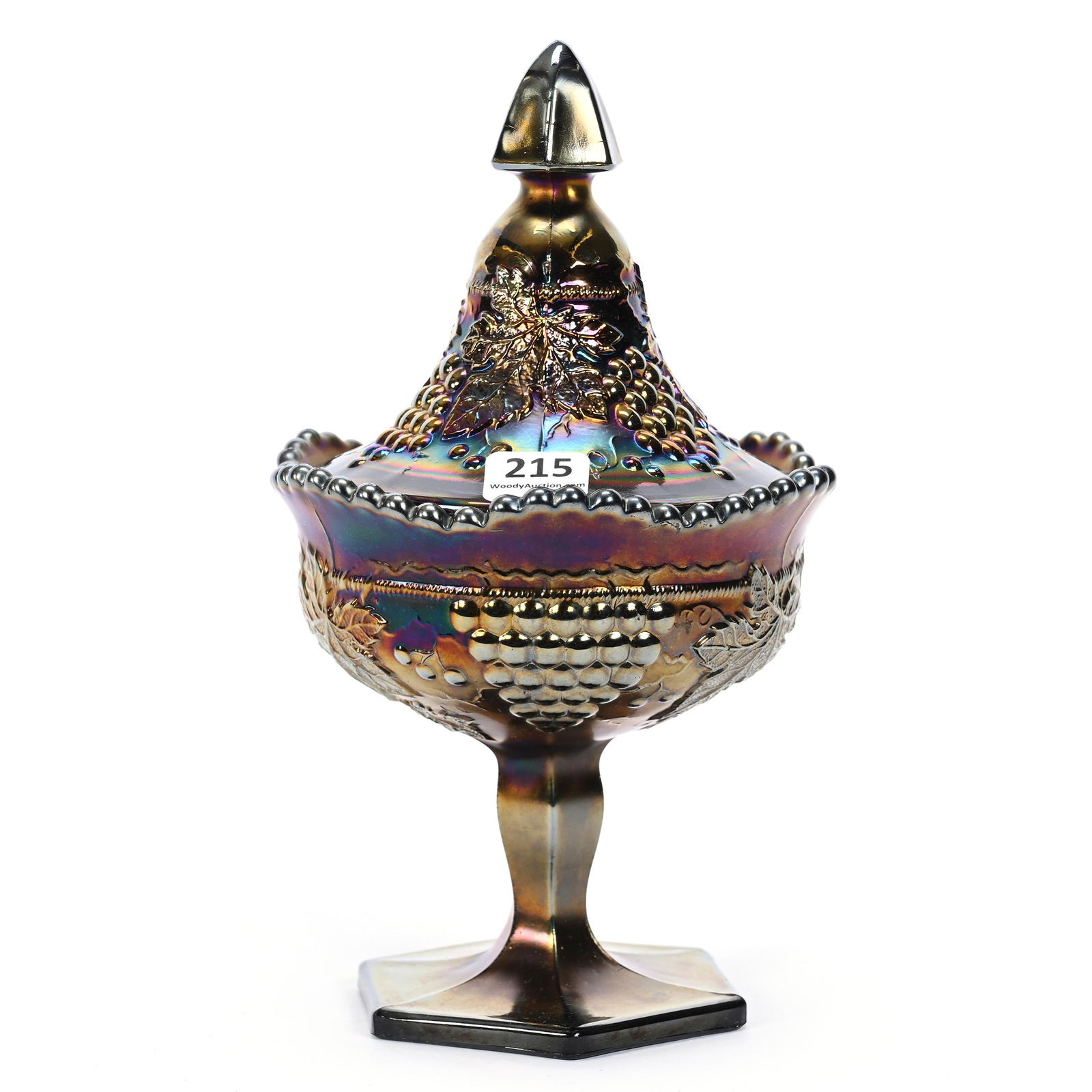 Sweetmeat, Carnival Glass, Grape & Cable, Purple: Sweetmeat, Carnival Glass, Grape & Cable, Purple, 8.5" x 5.25", By Northwood, Dick & Diane Elder Collection.