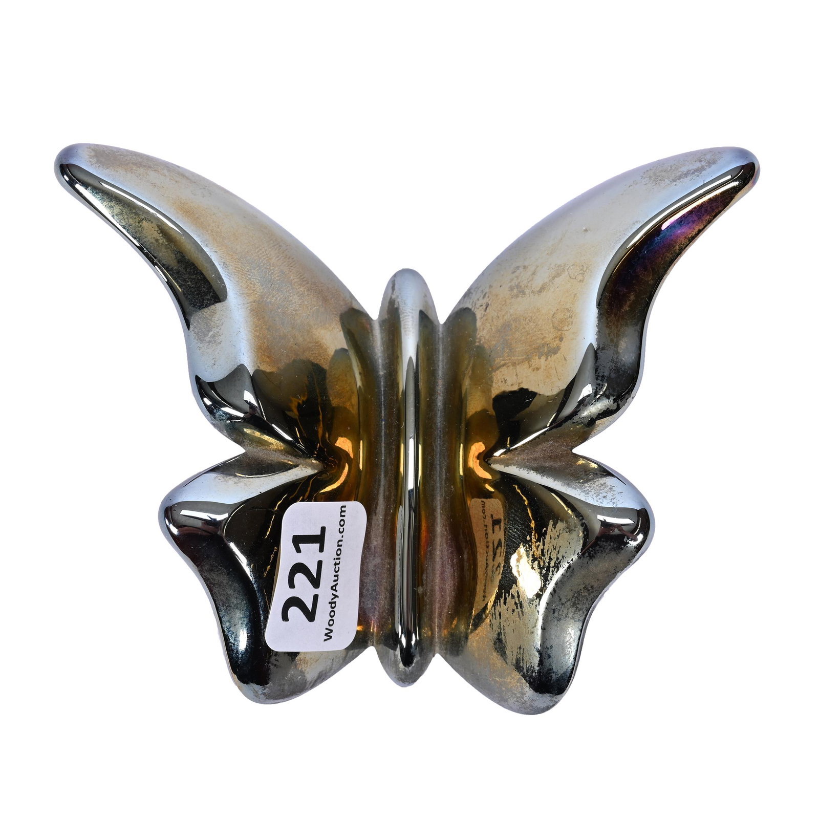 Butterfly Figure, Carnival Glass, Iridized Black Amethyst: Butterfly Figure, Carnival Glass, Iridized Black Amethyst, 3.25" x 4", Unidentified Maker, Dick & Diane Elder Collection.