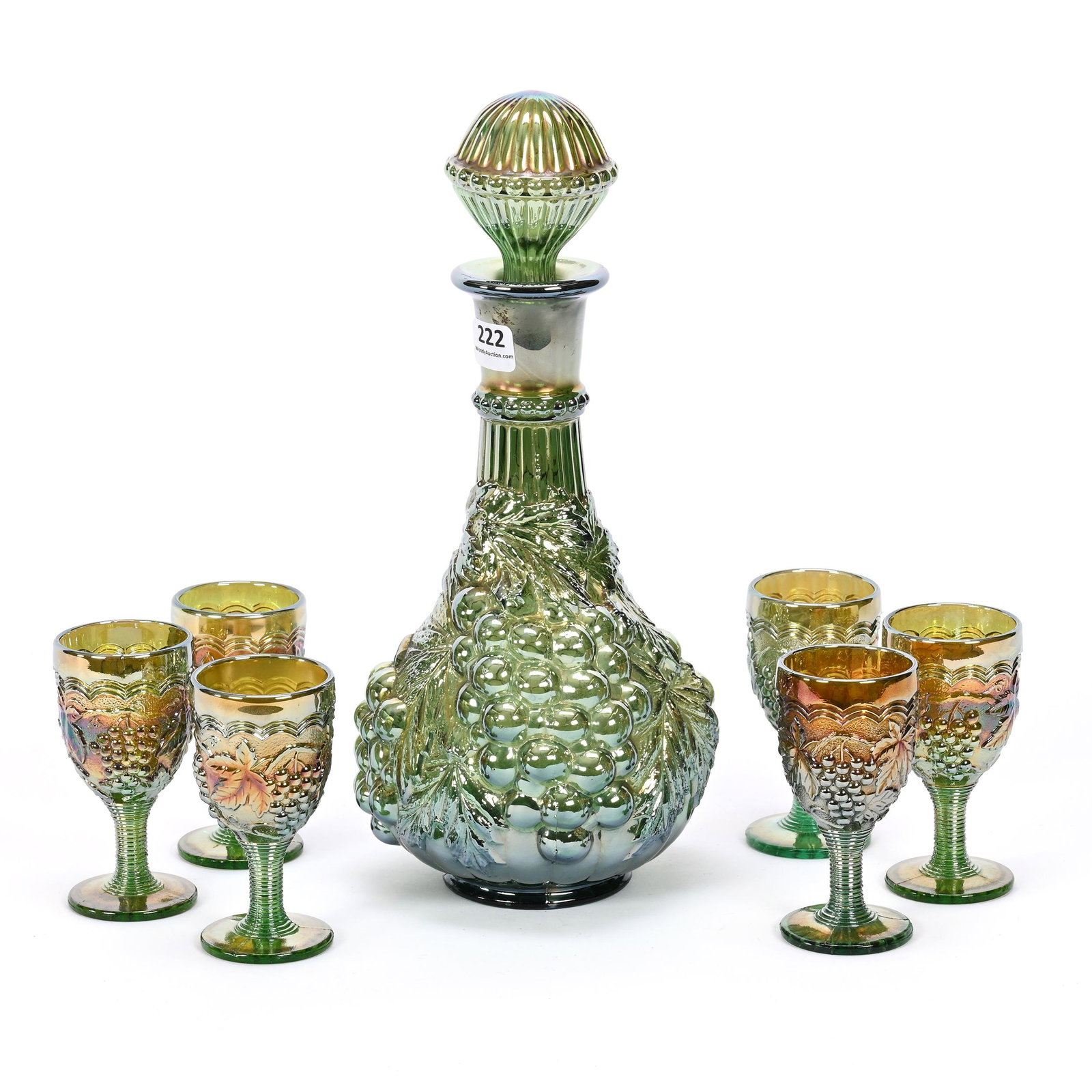 Decanter Set, Carnival Glass, Imperial Grape, Green: Decanter Set, Carnival Glass, Imperial Grape, Green, By Imperial, (1) 11.5" Decanter, (6) Matching 4" Cordials, Dick & Diane Elder Collection.
