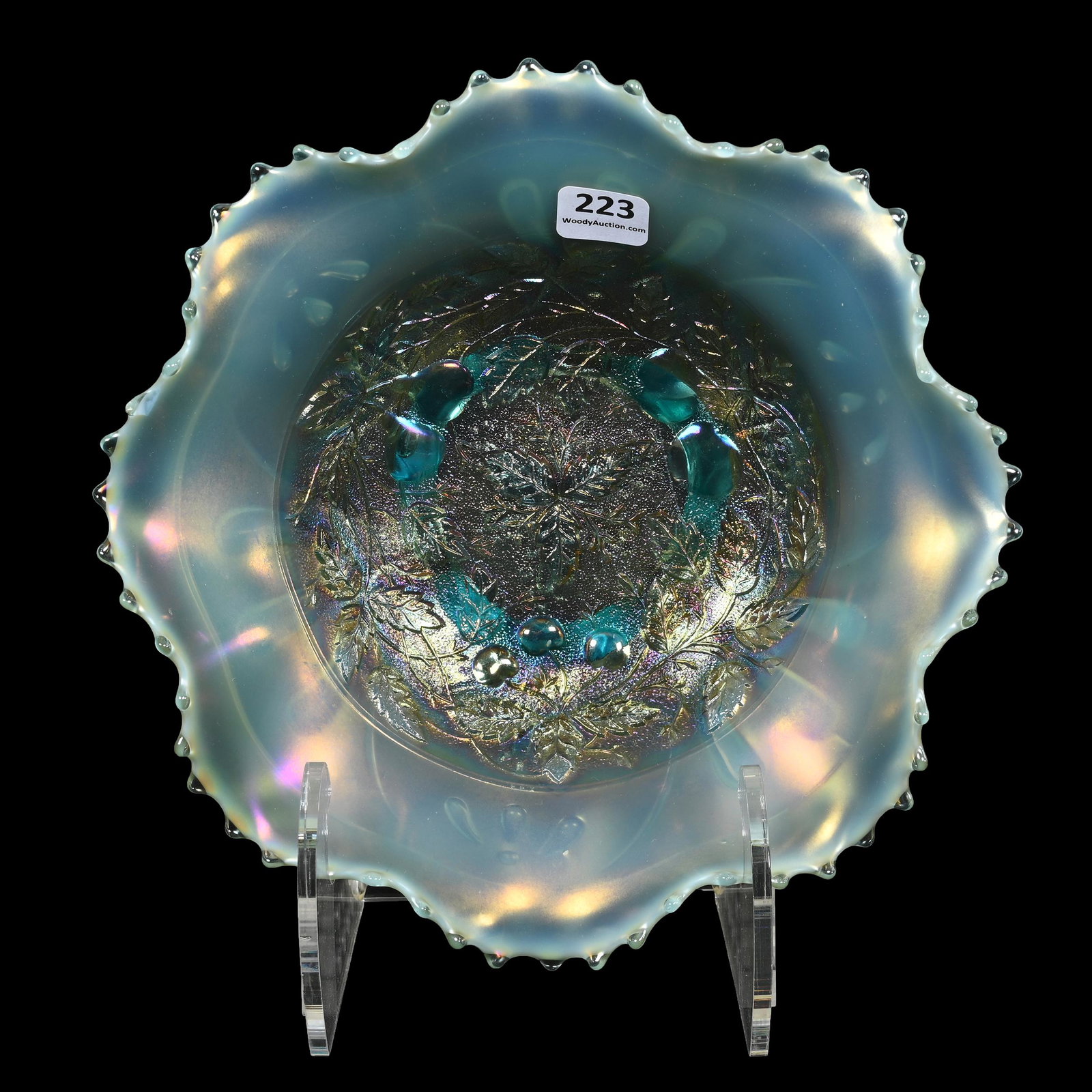 Bowl, Carnival Glass, Three Fruits Medallion, Aqua Opal: Bowl, Carnival Glass, Three Fruits Medallion, Aqua Opal, 8.75", By Northwood, Spatula Feet, Stippled, Meander Exterior, Tooth Chip, Dick & Diane Elder Collection.