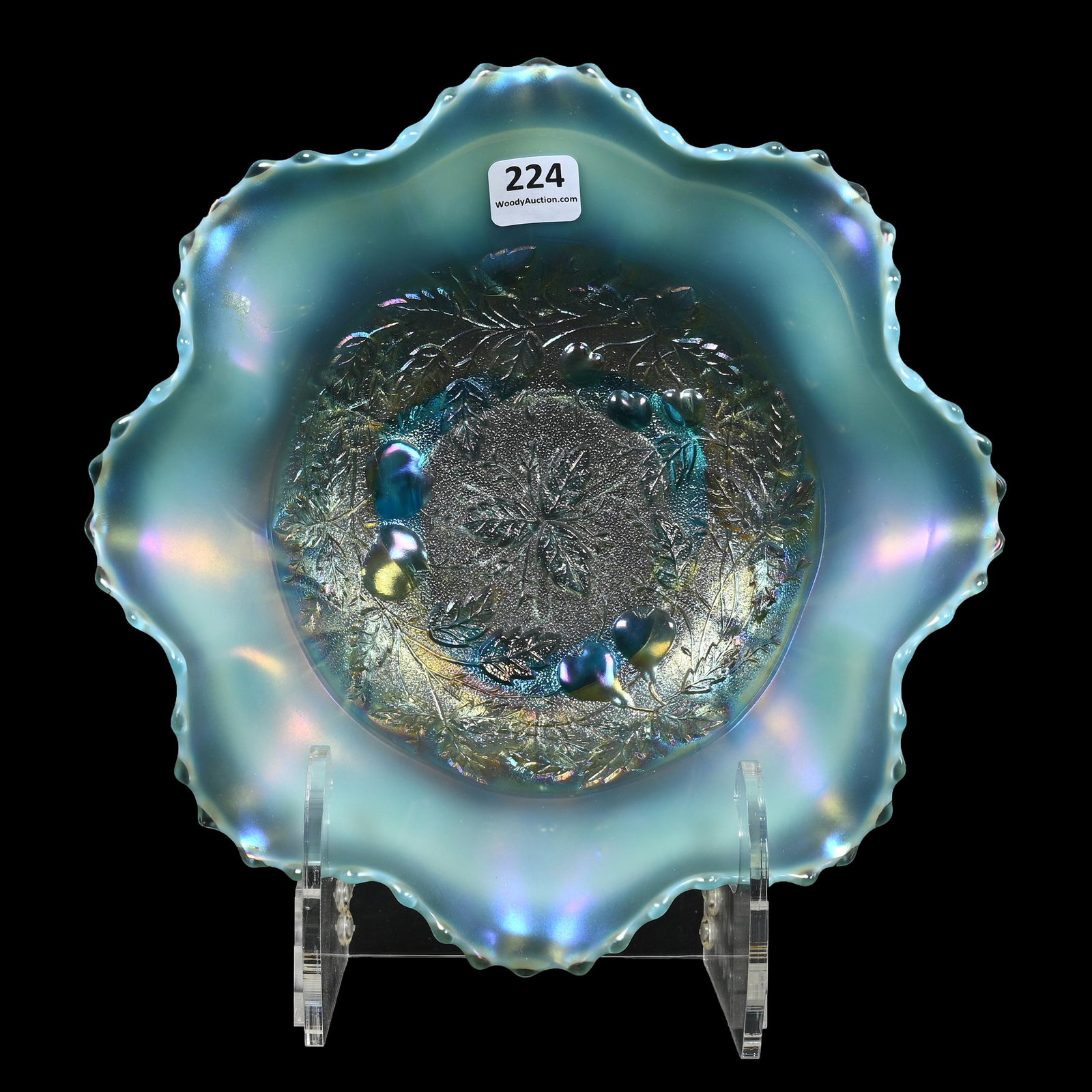 Bowl, Carnival Glass, Three Fruits Medallion, Aqua Opal: Bowl, Carnival Glass, Three Fruits Medallion, Aqua Opal, 8.75", By Northwood, Spatula Feet, Stippled, Meander Exterior, Foot Chip, Dick & Diane Elder Collection.