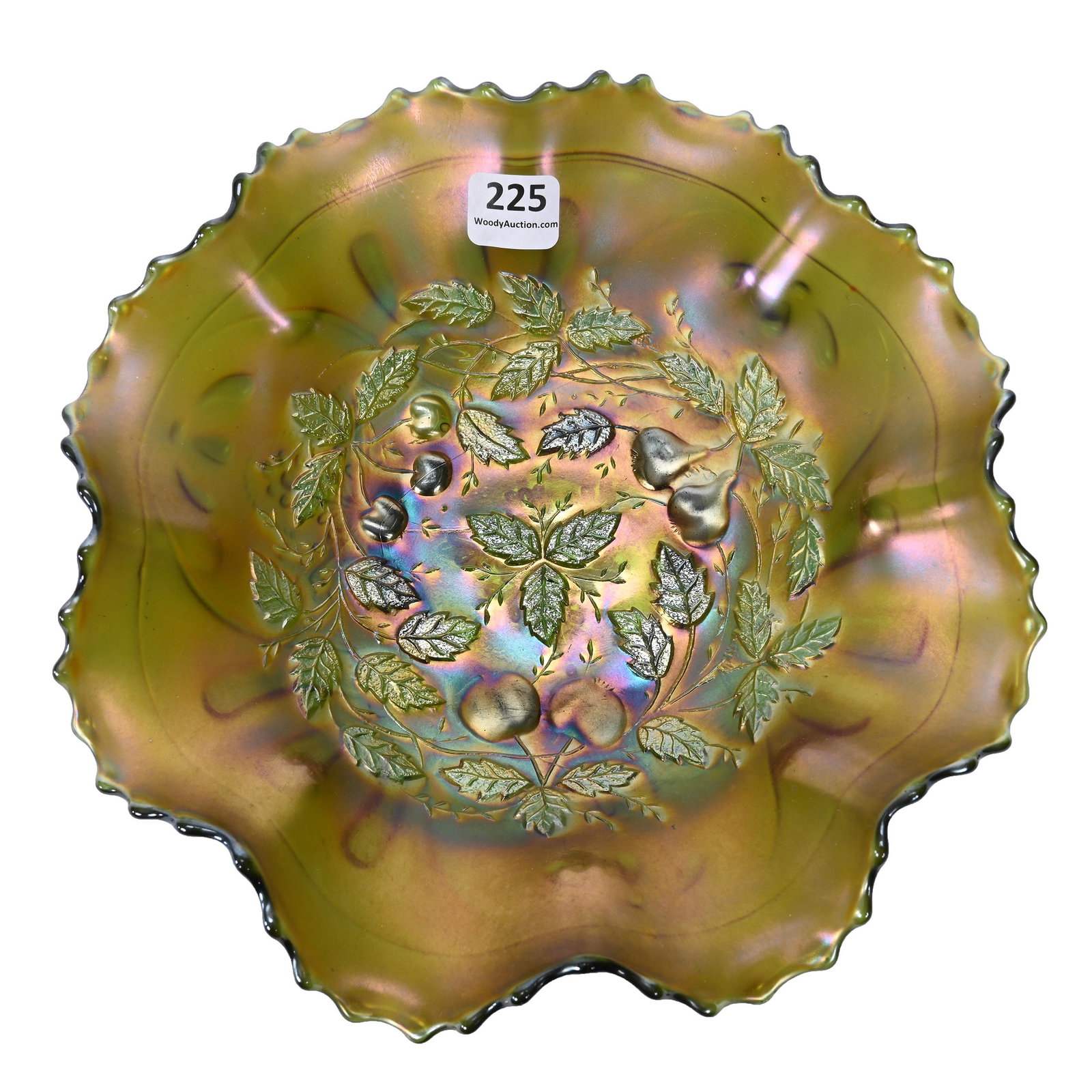 Bowl, Carnival Glass, Three Fruits Medallion, Green: Bowl, Carnival Glass, Three Fruits Medallion, Green, 8.75", By Northwood, Spatula Feet, Meander Exterior, Dick & Diane Elder Collection.