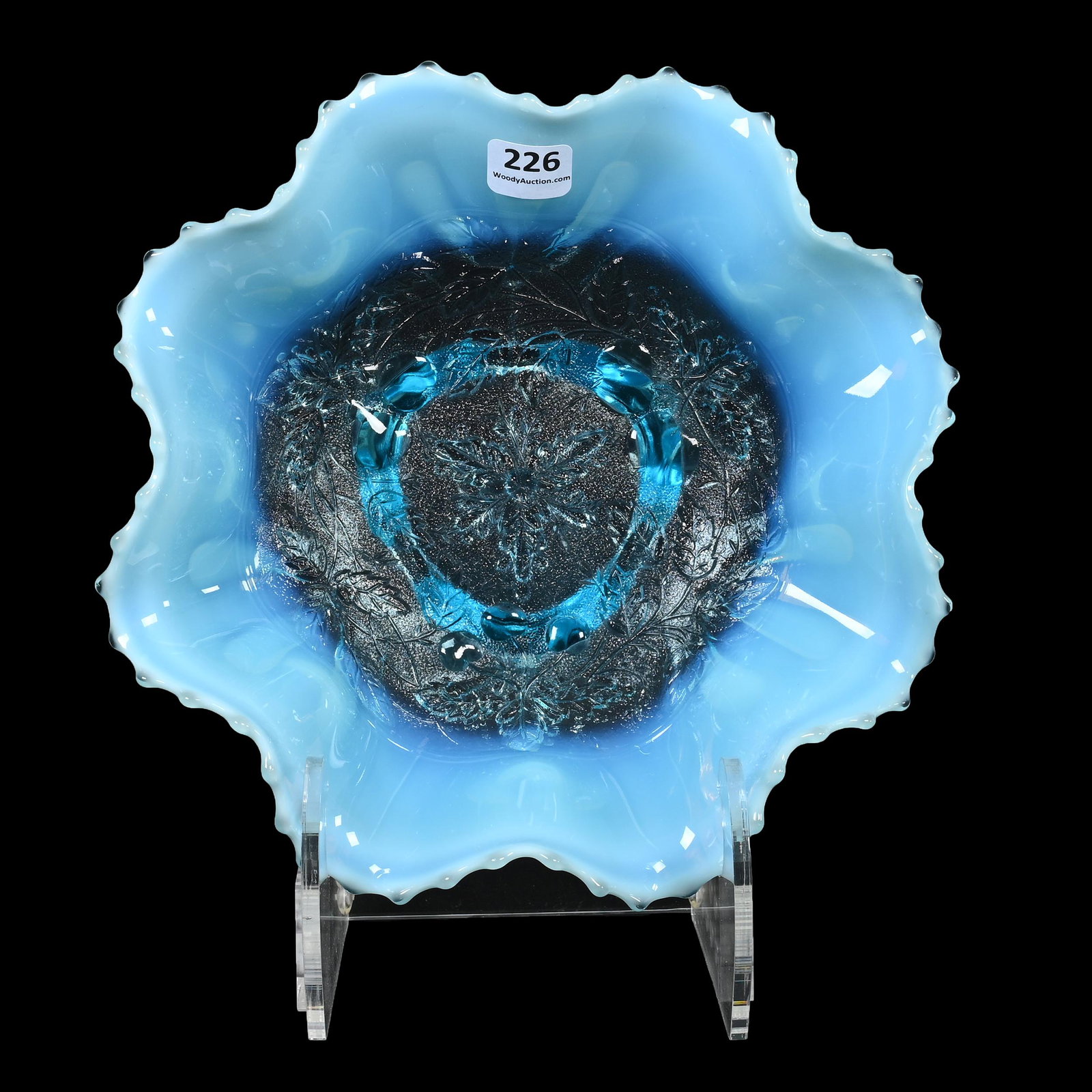 Bowl, Non-Iridized Three Fruits Meander, Blue Opal: Bowl, Non-Iridized Three Fruits Meander, Blue Opal, 8.75", By Northwood, Spatula Feet, Meander Exterior, Dick & Diane Elder Collection.