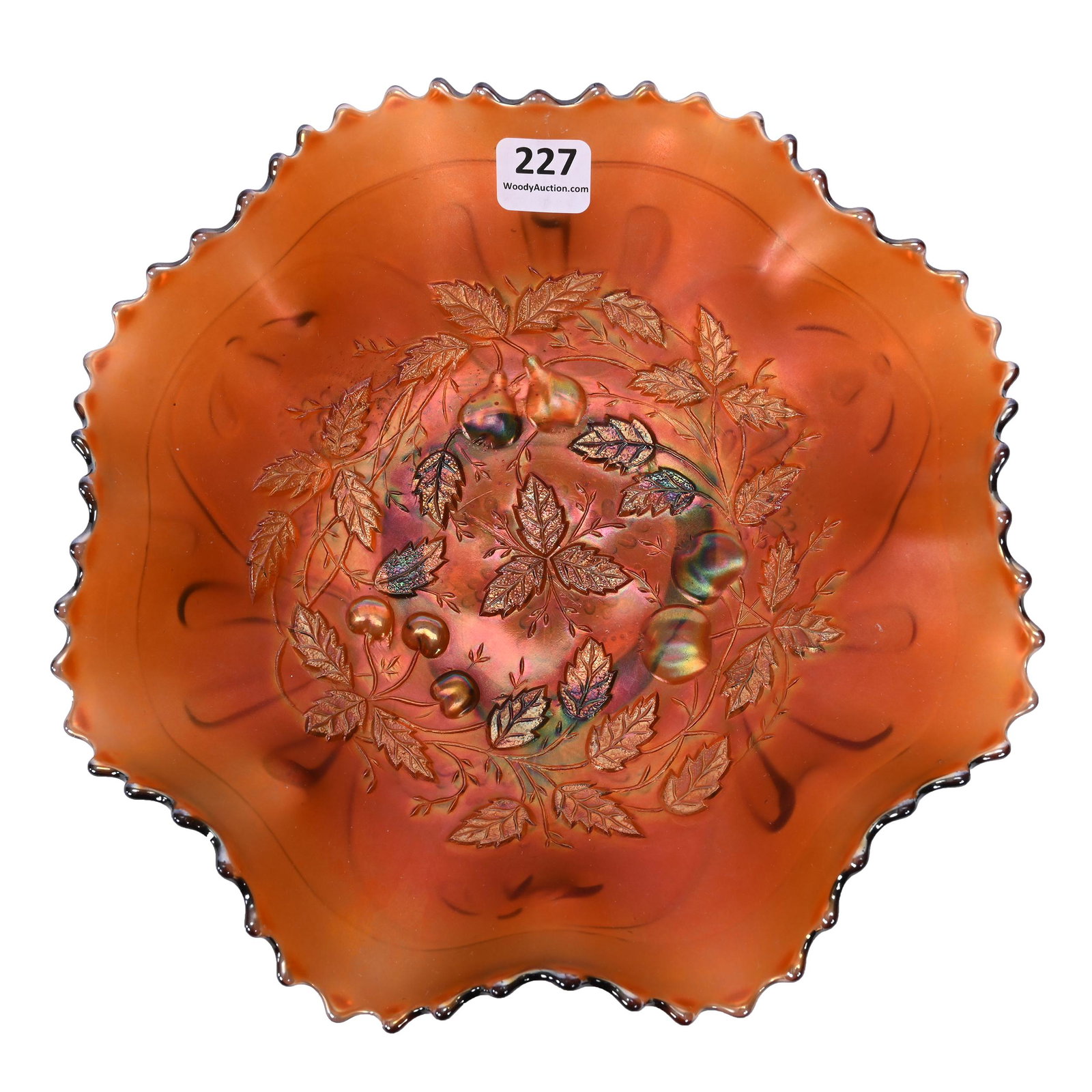Bowl, Carnival Glass, Three Fruits Medallion, Amber/Amethyst: Bowl, Carnival Glass, Three Fruits Medallion, Amber/Amethyst, 8.75", By Northwood, Spatula Feet, Meander Exterior, Dick & Diane Elder Collection.