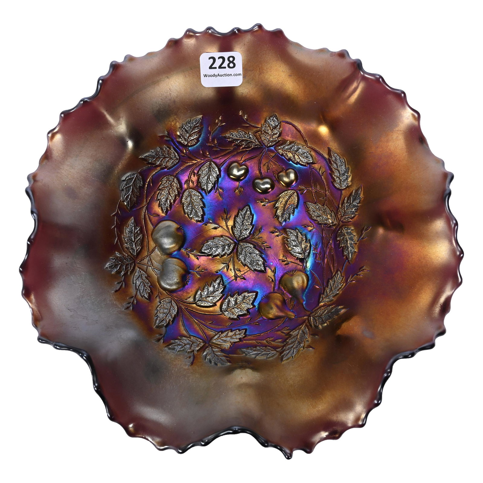 Bowl, Carnival Glass, Three Fruits Medallion, Purple: Bowl, Carnival Glass, Three Fruits Medallion, Purple, 8.75", By Northwood, Spatula Feet, Meander Exterior, Dick & Diane Elder Collection.