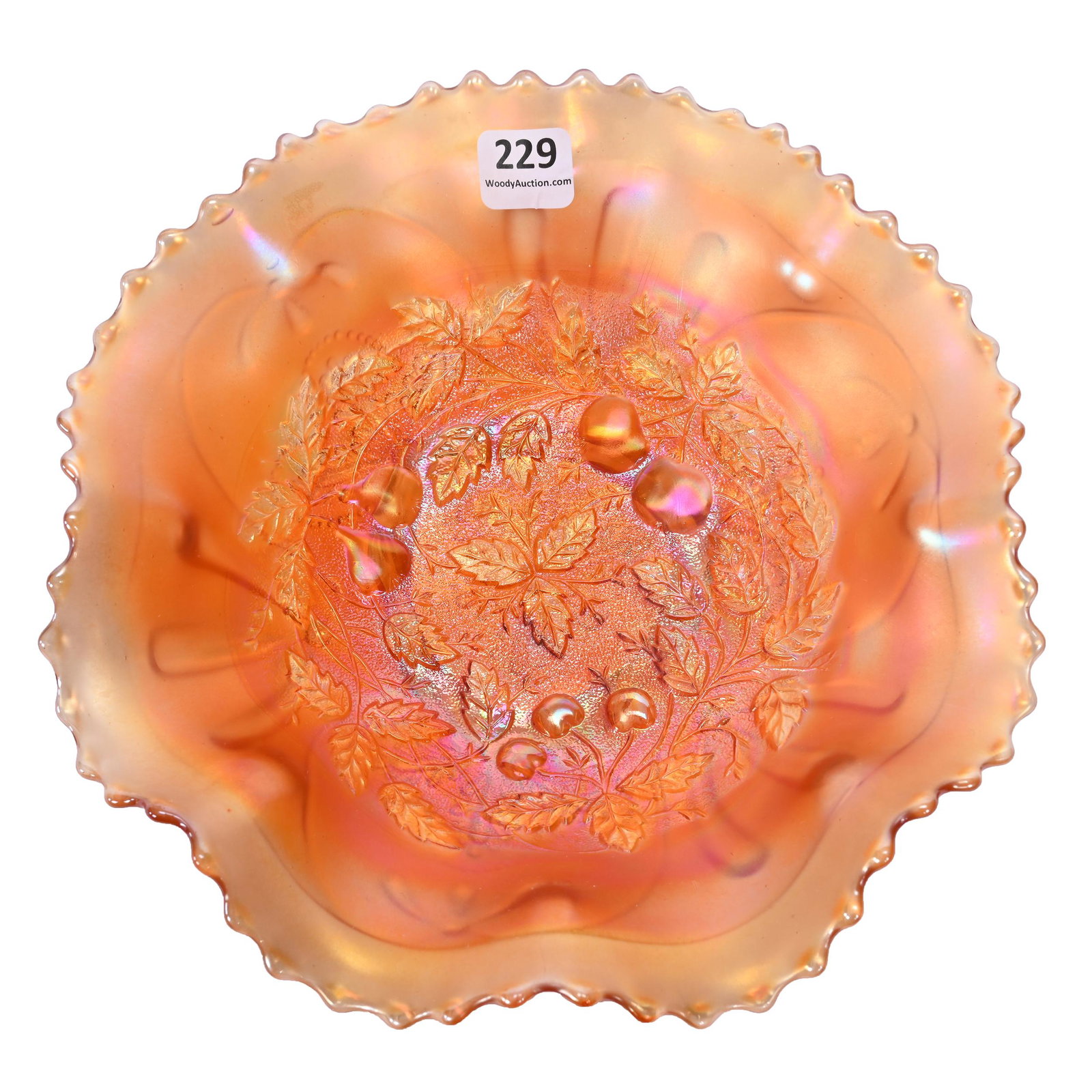 Bowl, Carnival Glass, Three Fruits Medallion, Marigold: Bowl, Carnival Glass, Three Fruits Medallion, Marigold, 8.75", By Northwood, Spatula Feet, Stippled, Meander Exterior, Dick & Diane Elder Collection.