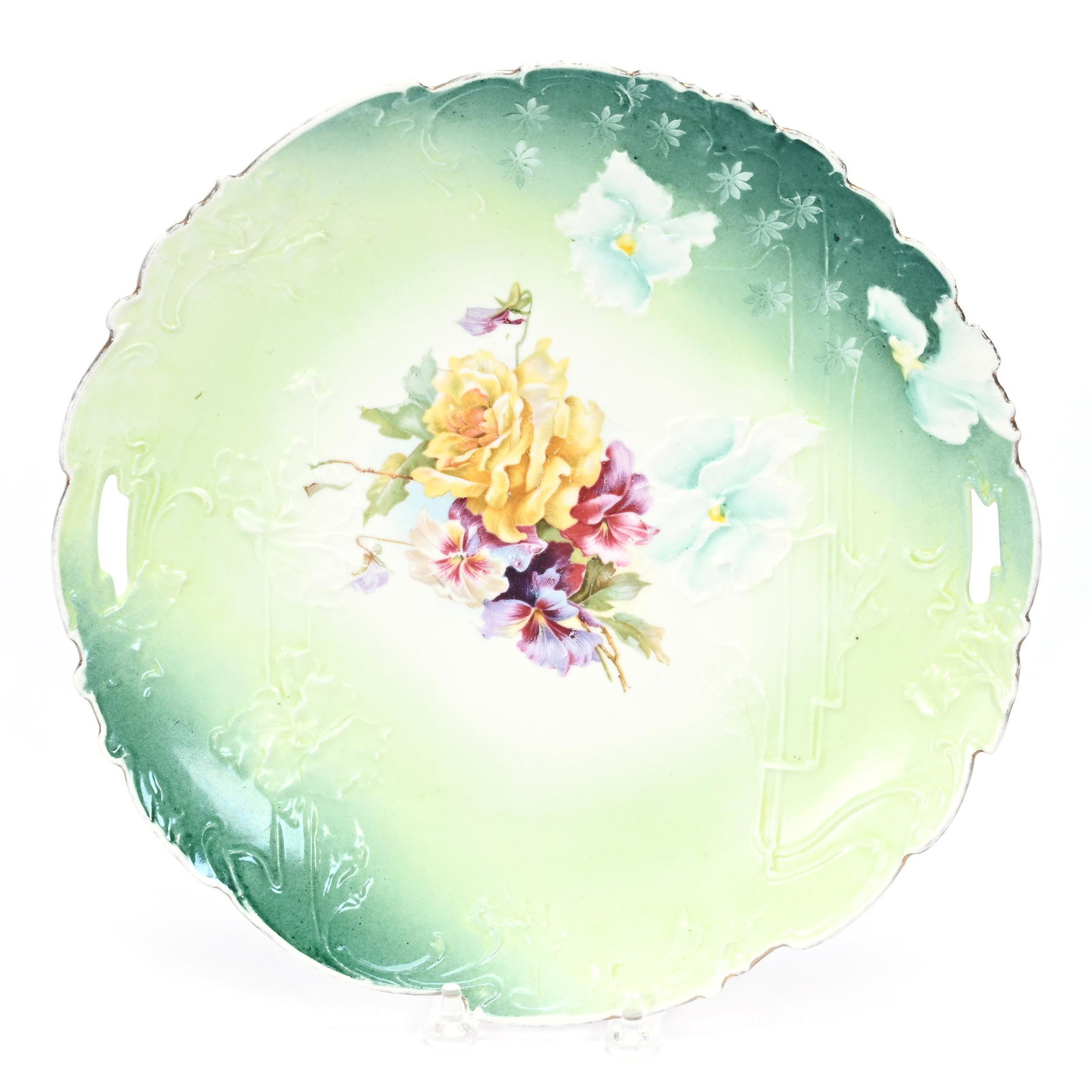 Cake Plate, Unmarked R.S. Prussia: Cake Plate, Unmarked R.S. Prussia, 10.5", Floral Mold, Green Tones, Floral Decor Center, Patsy Creveling Collection.
